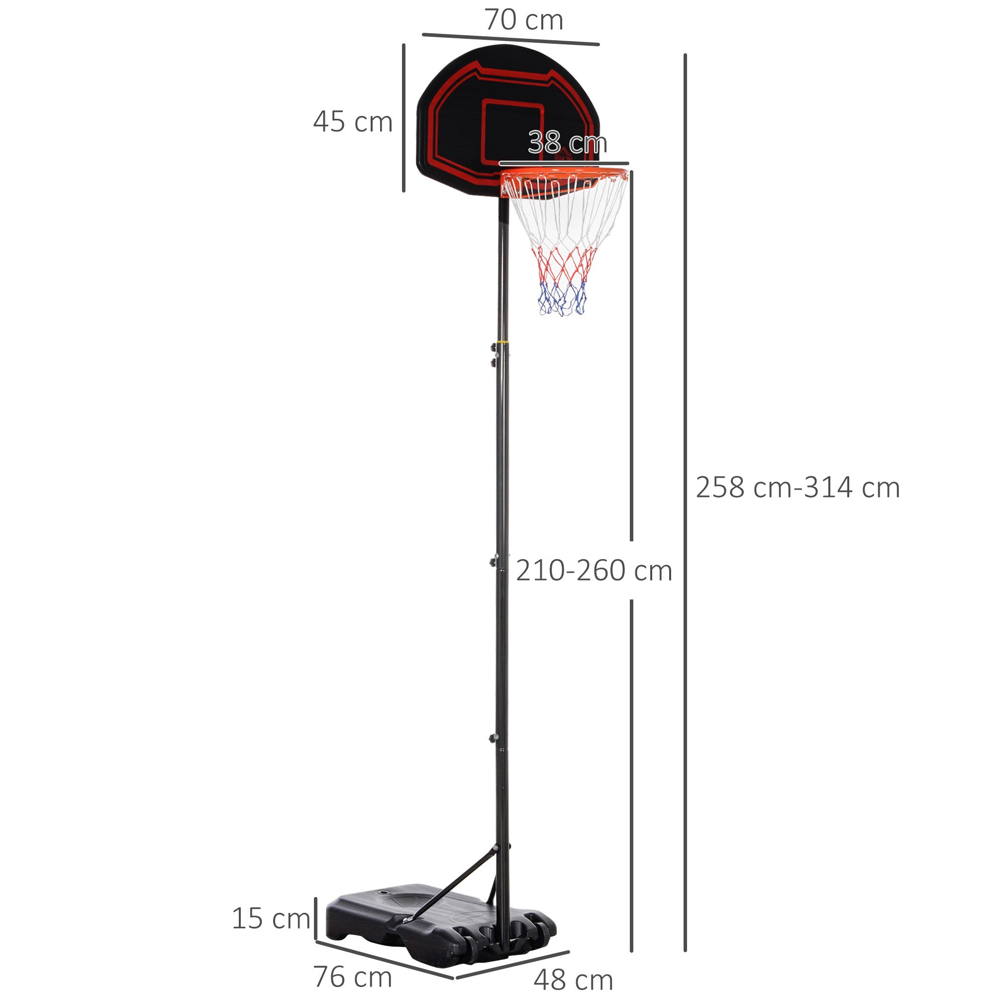 HOMCOM Basketball Hoop Stand Portable Adjustable Height 2.1-2.6m w/ Wheels, Sturdy Rim Stable Base, Black - North Peak Garden Furniture