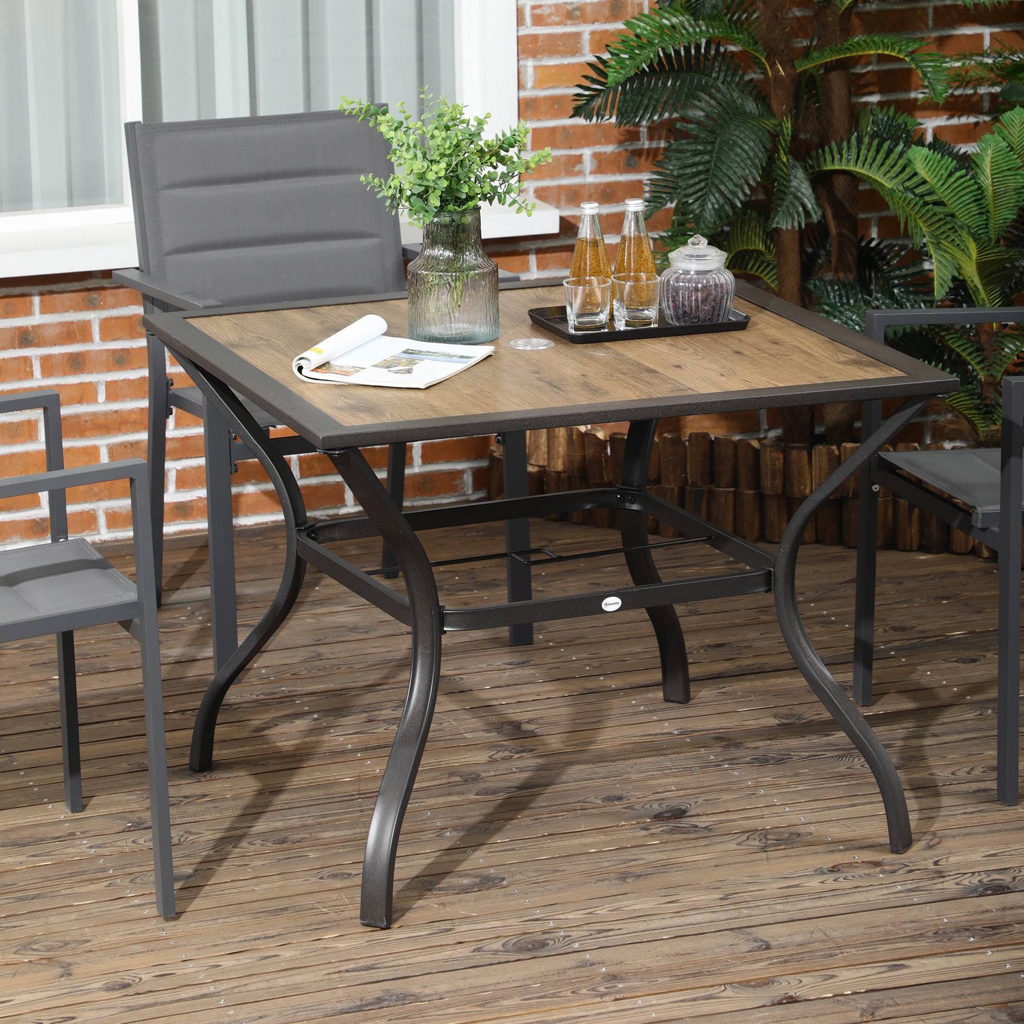Outsunny Outdoor Garden Table Dining Table for 4 with Parasol Hole, Stone-Grain Effect PC Board Top for Patio, Garden, Brown - North Peak Garden Furniture