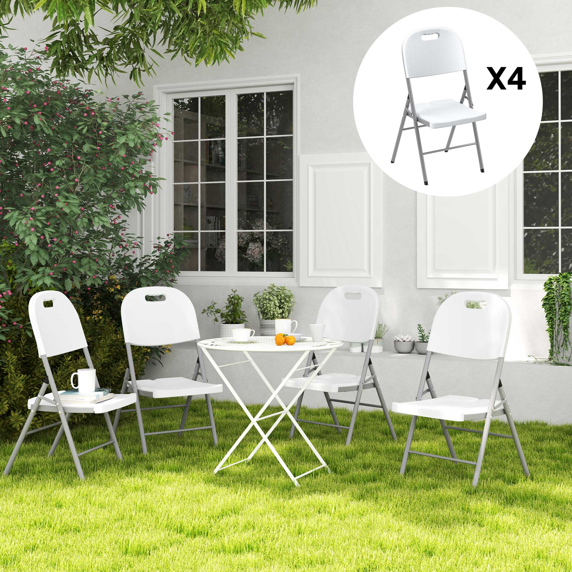 Outsunny Folding Chair Set of 4 with Steel Frame, Outdoor Chair Set with HDPE Backrest, Seat and Handles for Mobility, Garden Chair Set for Patio Deck Balcony, White - North Peak Garden Furniture