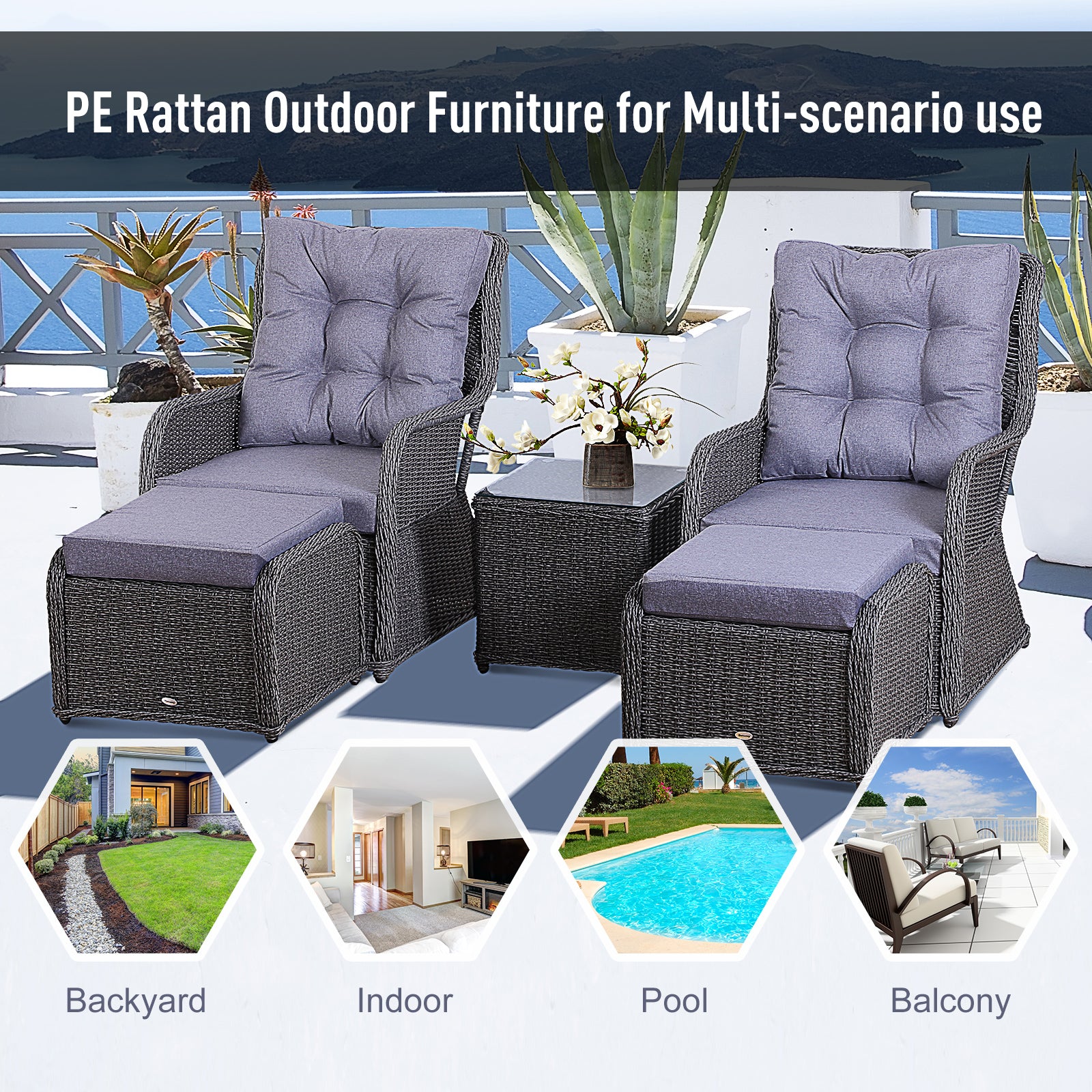 Outsunny 2 Seater Deluxe Garden Rattan Furniture Sofa Chair & Stool Table Set Patio Wicker Weave Furniture Set Aluminium Frame Fully-assembly - Grey