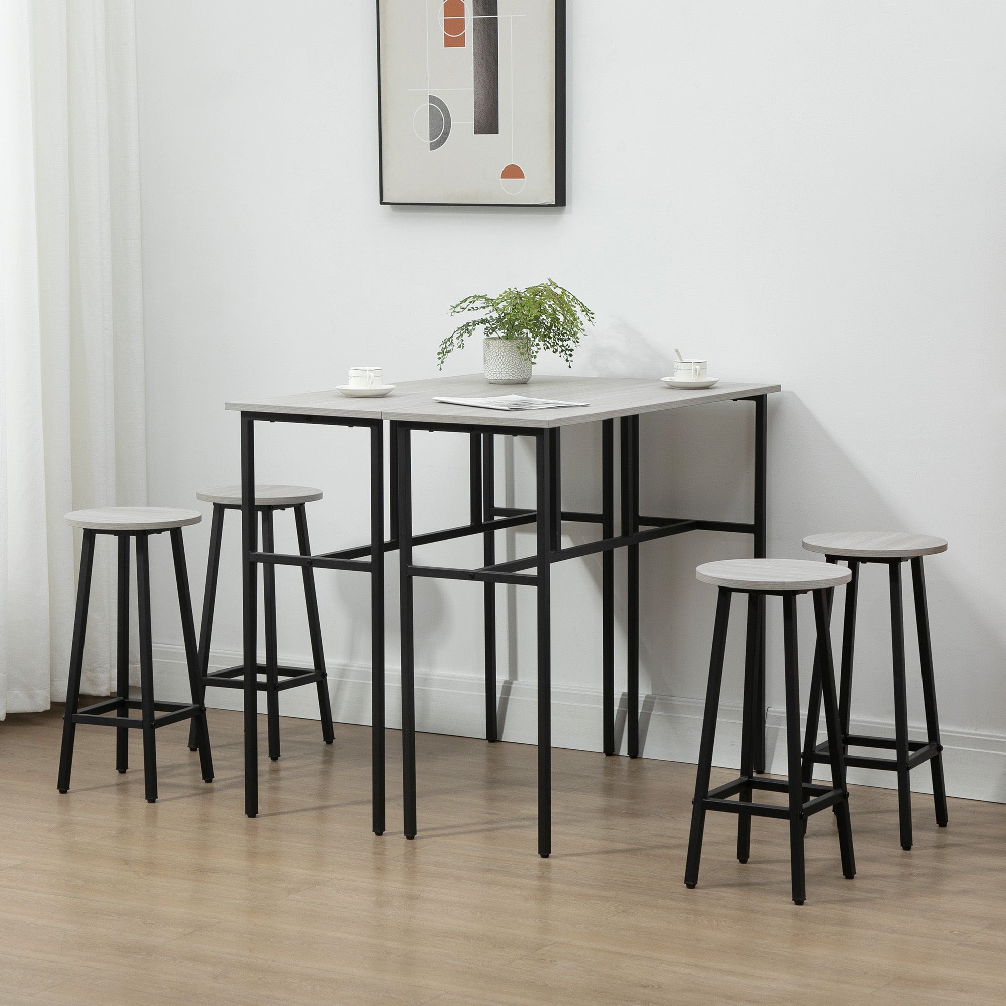 HOMCOM 6-Piece Bar Table Set, 2 Breakfast Tables with 4 Stools, Counter Height Dining Tables & Chairs for Kitchen, Living Room, Grey - North Peak Garden Furniture