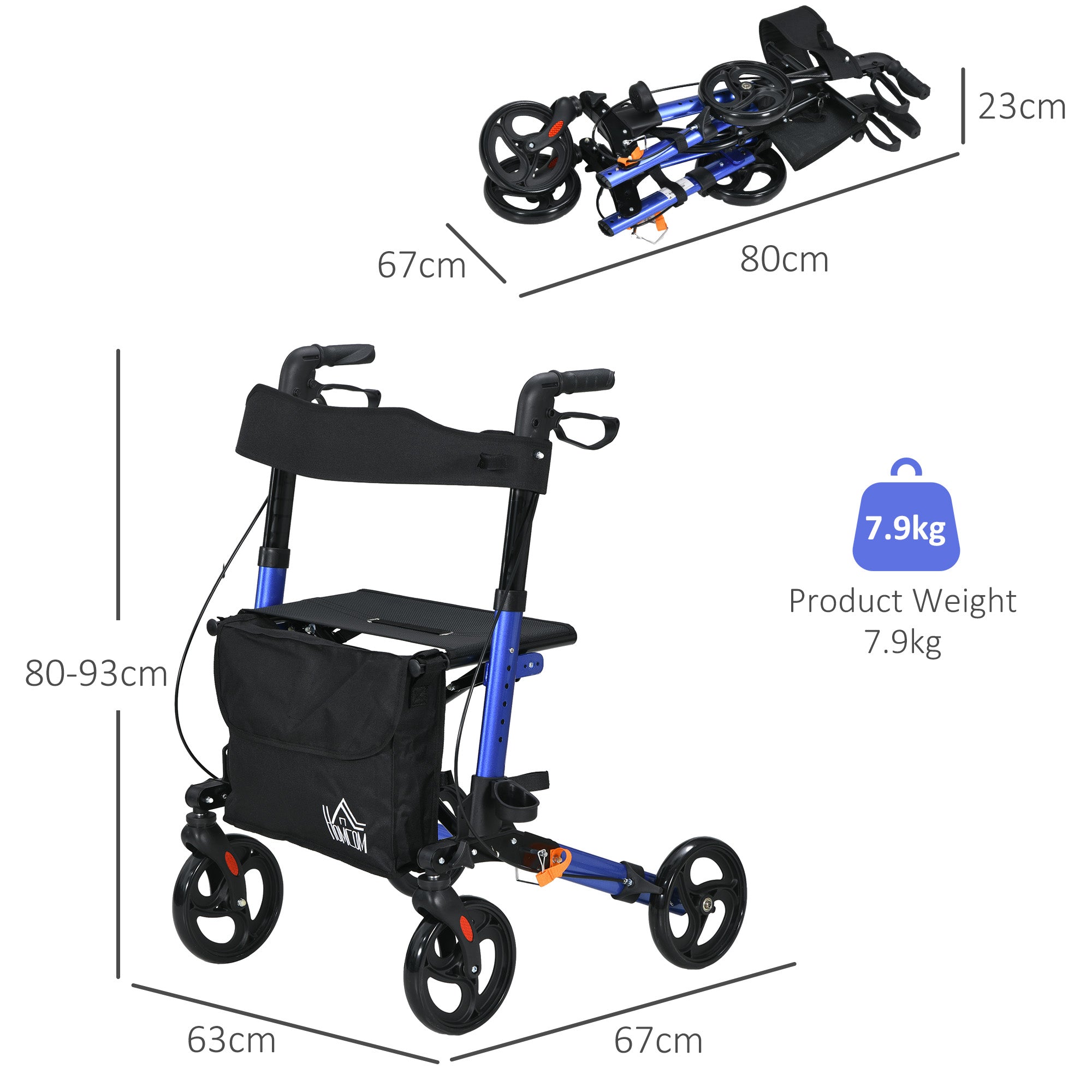 HOMCOM 4 Wheel Rollator with Seat and Back, Folding Mobility Walker with Carry Bag, Adjustable Height, Dual Brakes, Cane Holder, Lightweight Aluminium Walking Frame for Seniors and Disabled, Blue