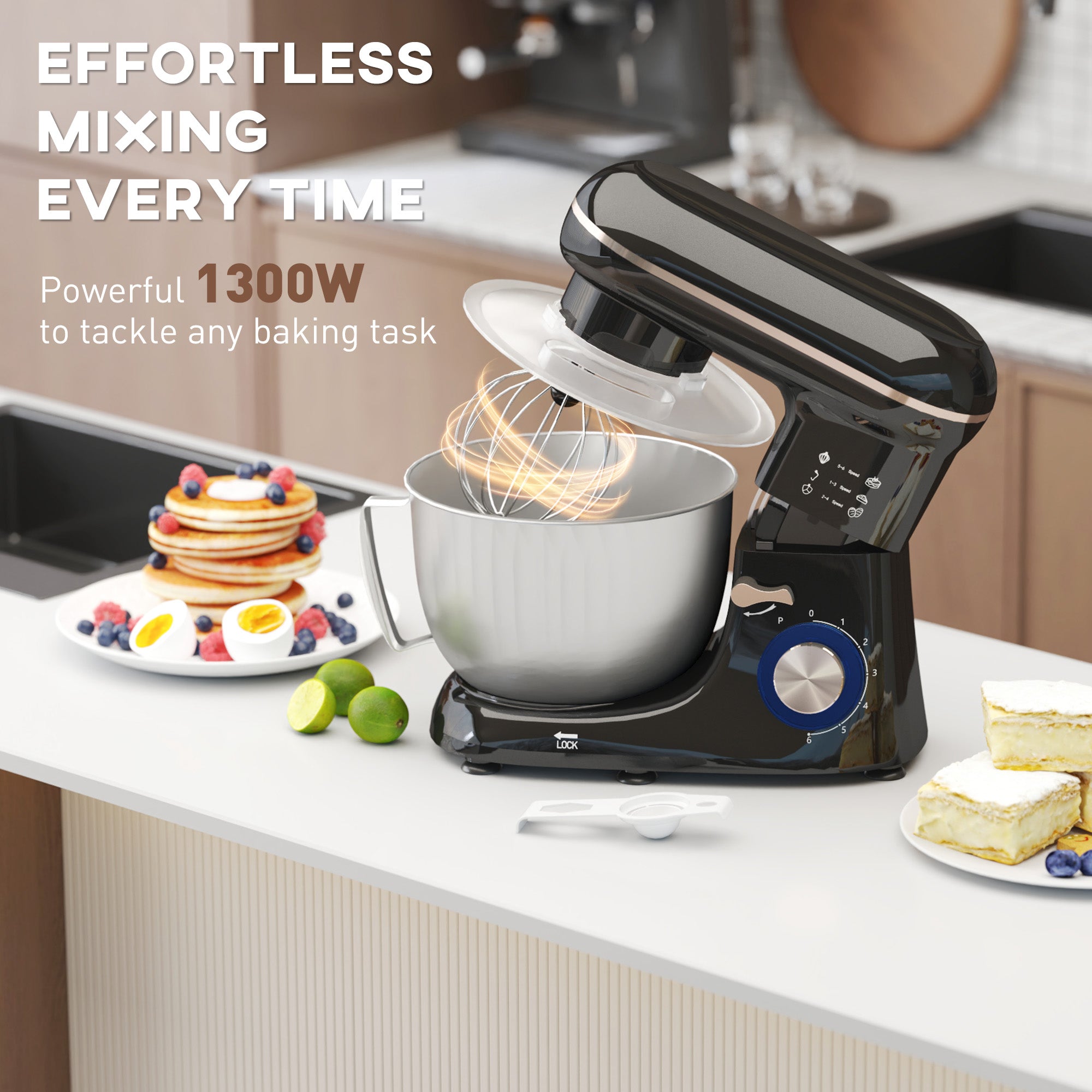 HOMCOM 1300W Kitchen Stand Mixer, with Accessories - Black - North Peak Garden Furniture