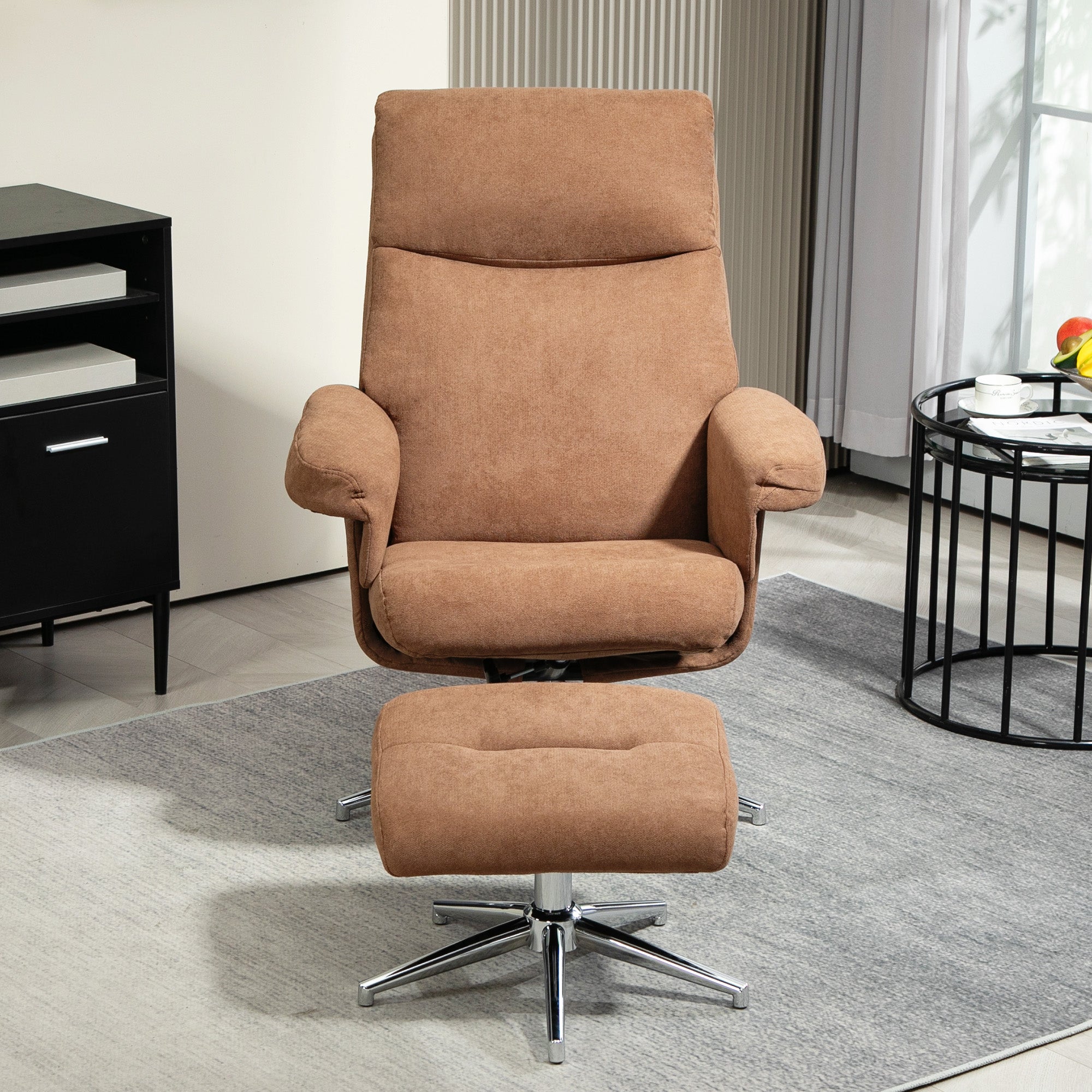 HOMCOM Recliner Chair with Footstool, Upholstered Velvet Fabric Armchair with Adjustable Back, Solid Wood Frame for Living Room, Light Brown - North Peak Garden Furniture