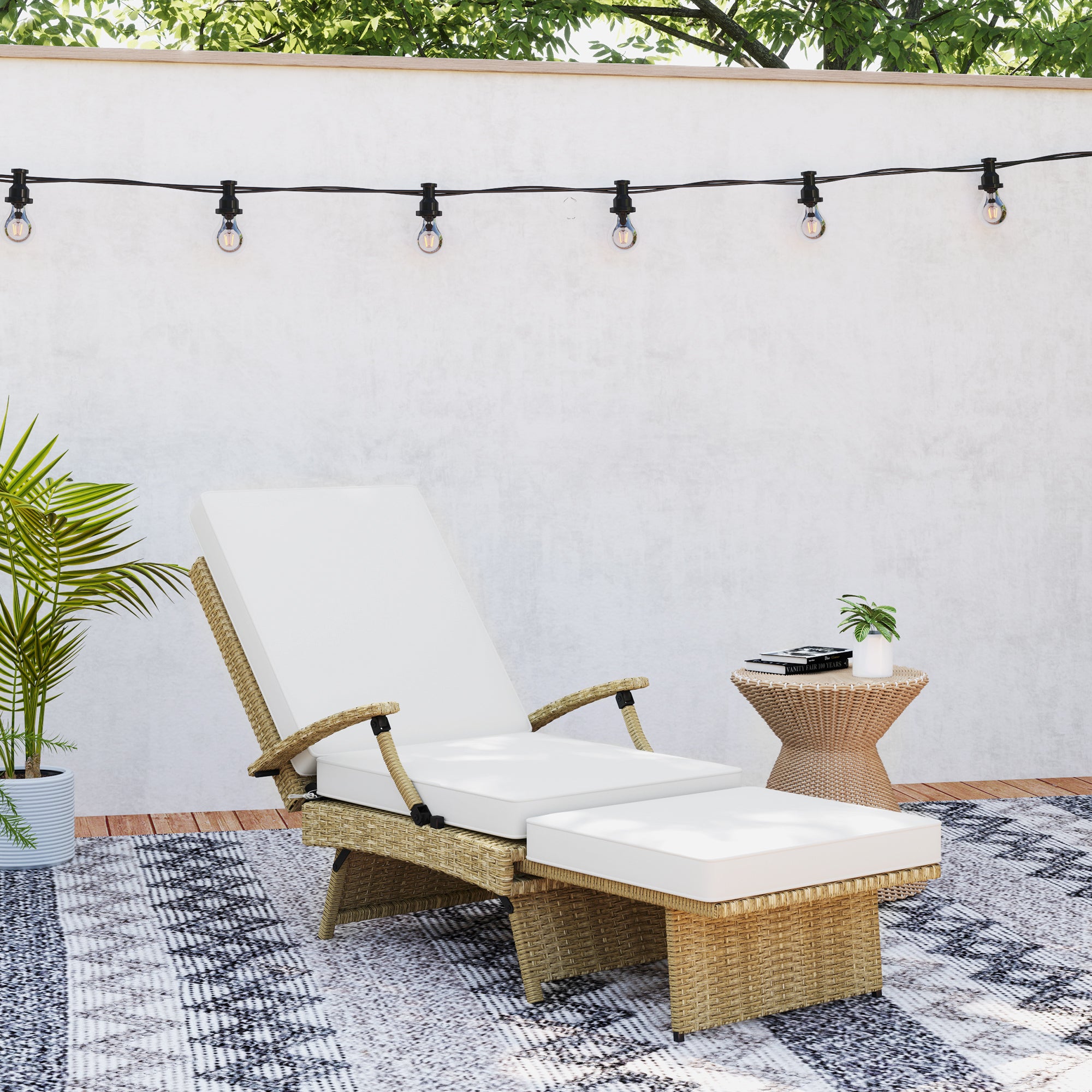 Outsunny 80° Reclining Rattan Lounger - White/Beige - North Peak Garden Furniture