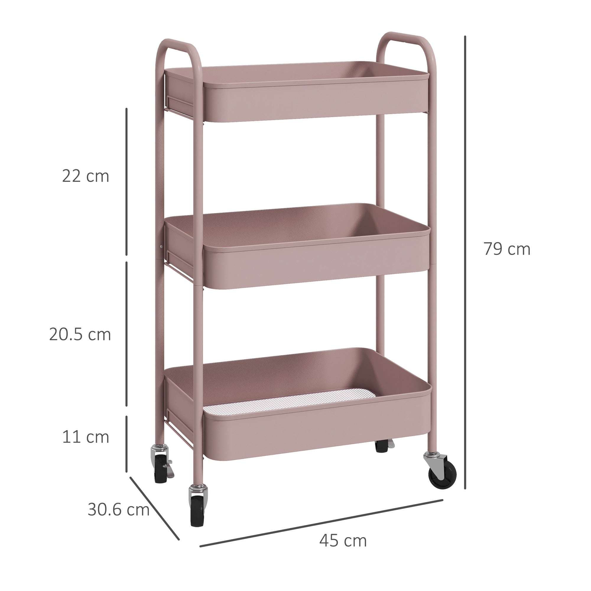 HOMCOM Three-Tier Steel Storage Trolley - Pink - North Peak Garden Furniture