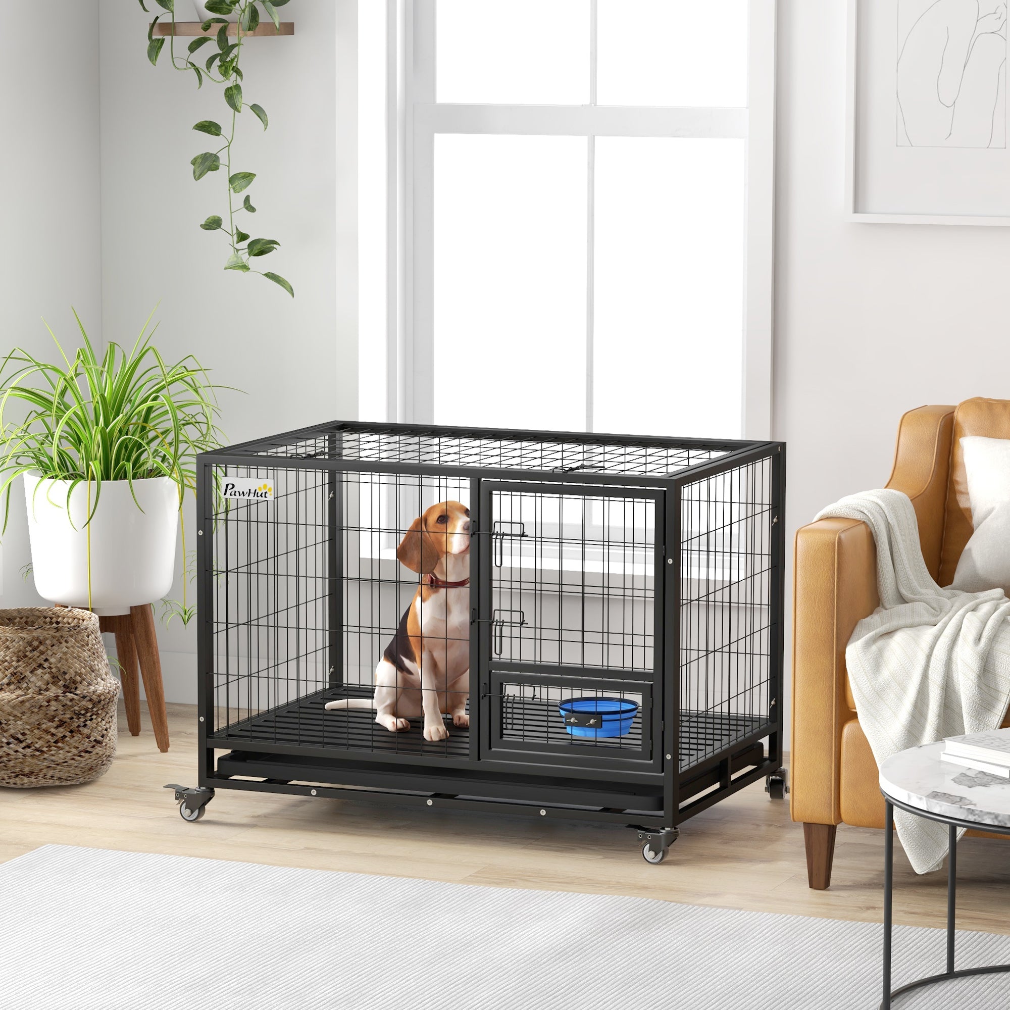 PawHut Heavy Duty Dog Crate on Wheels w/ Bowl Holder, Removable Tray, Openable Top, Detachable Door, for L, XL Dogs - North Peak Garden Furniture