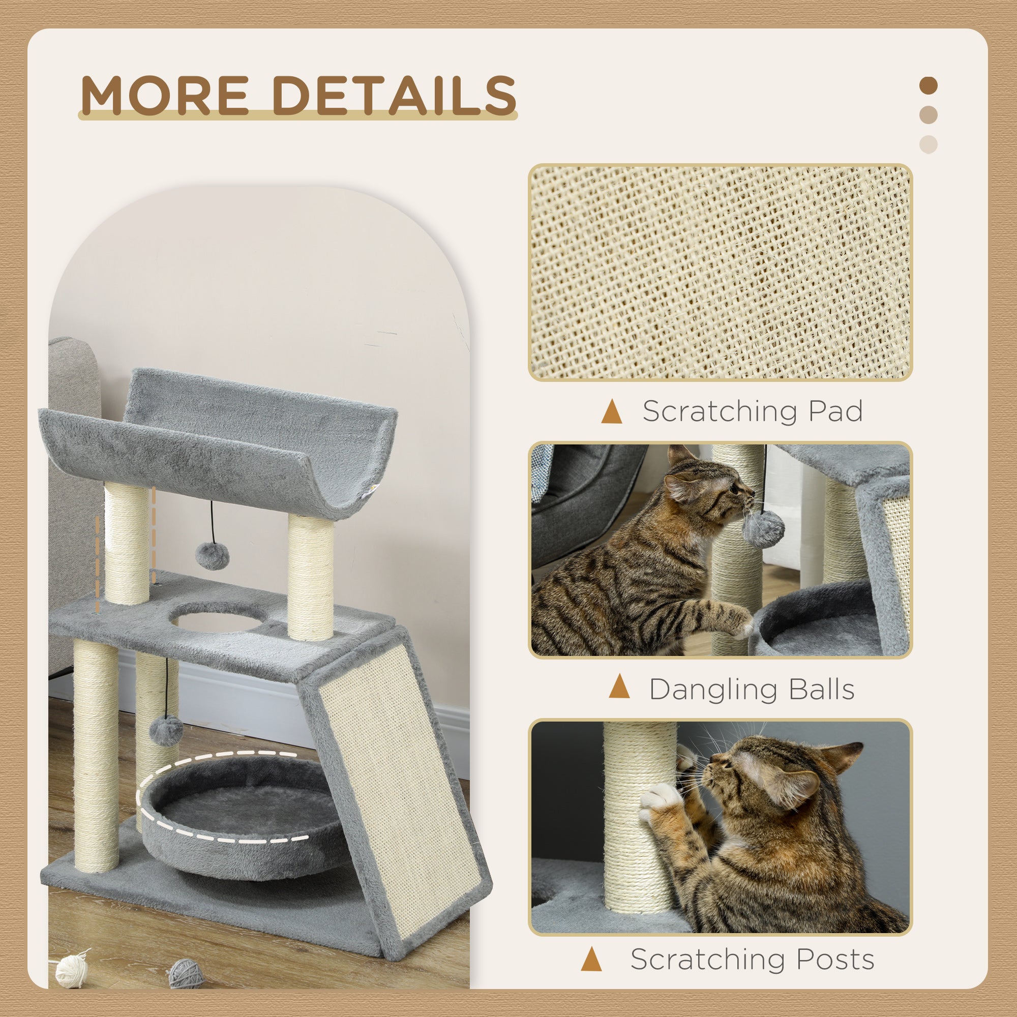 PawHut Cat Tree Tower, with Scratching Posts, Pad, Bed, Perch, Toy Ball - Light Grey - North Peak Garden Furniture