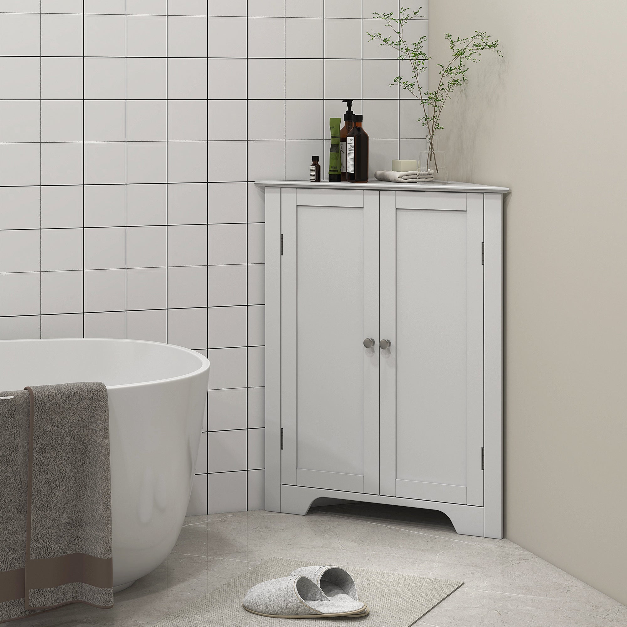 kleankin Triangle Bathroom Cabinet, Corner Bathroom Storage Unit with Adjustable Shelf and Recessed Door, Free Standing, White - North Peak Garden Furniture