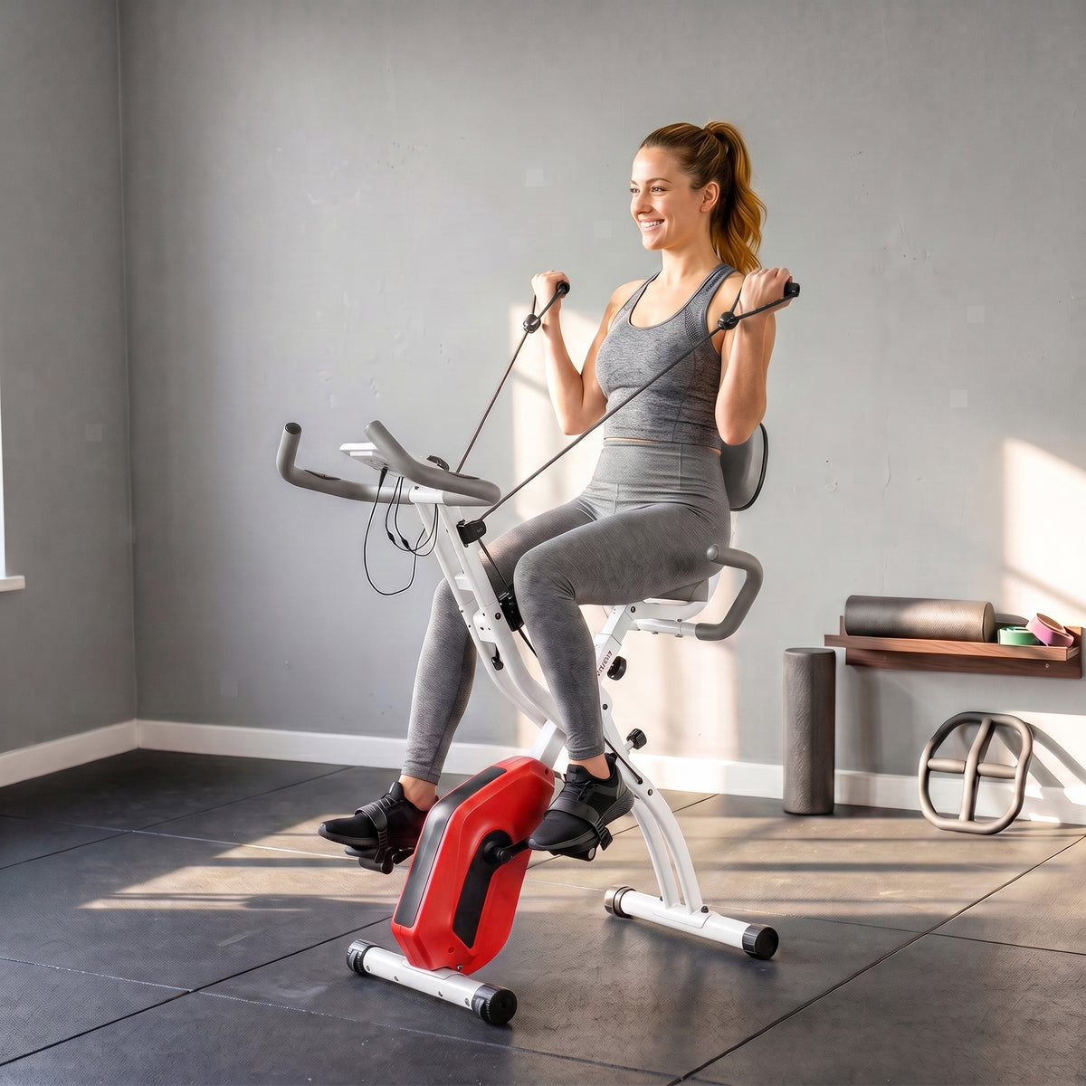 SPORTNOW 4-In-1 Folding Exercise Bike with Resistance Bands, Bluetooth App, 8-Level Magnetic Resistance, LCD Display, Orange