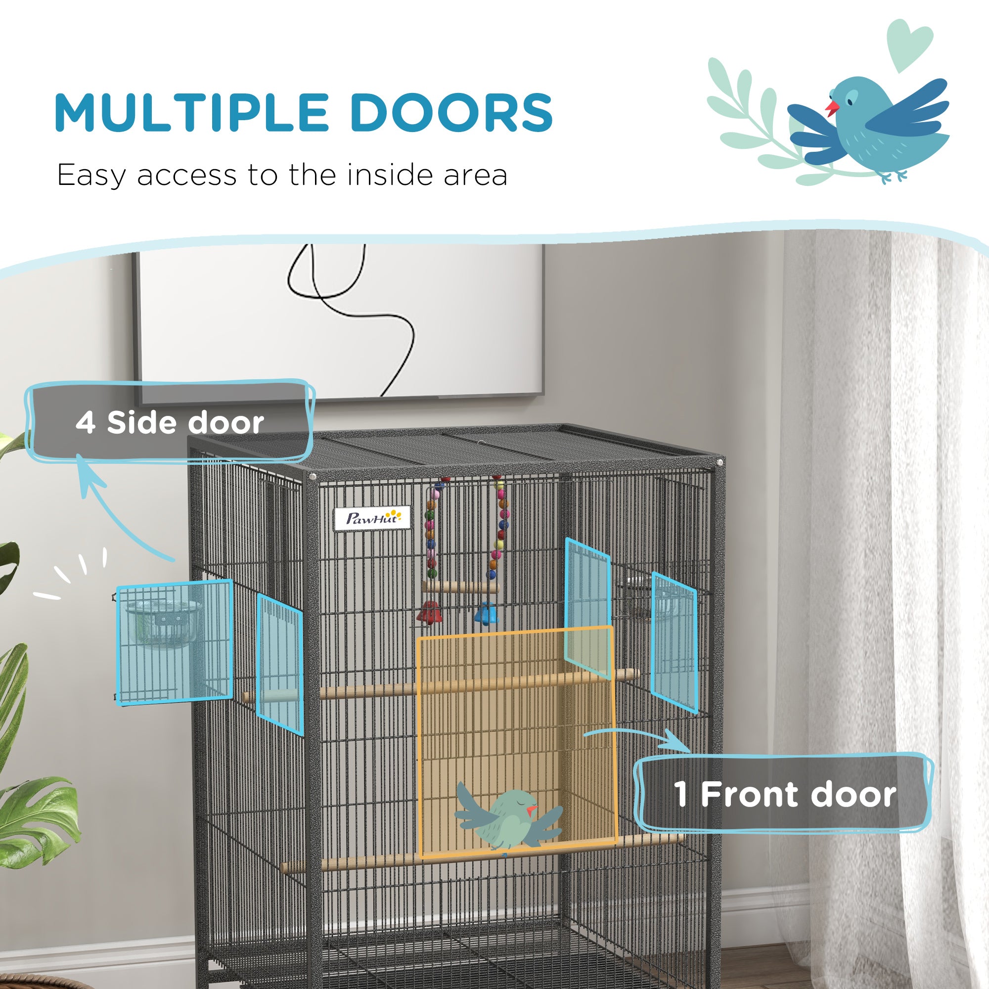 PawHut Bird Cage, Budgie Cage, with Rolling Stand, for Small Birds - Grey - North Peak Garden Furniture