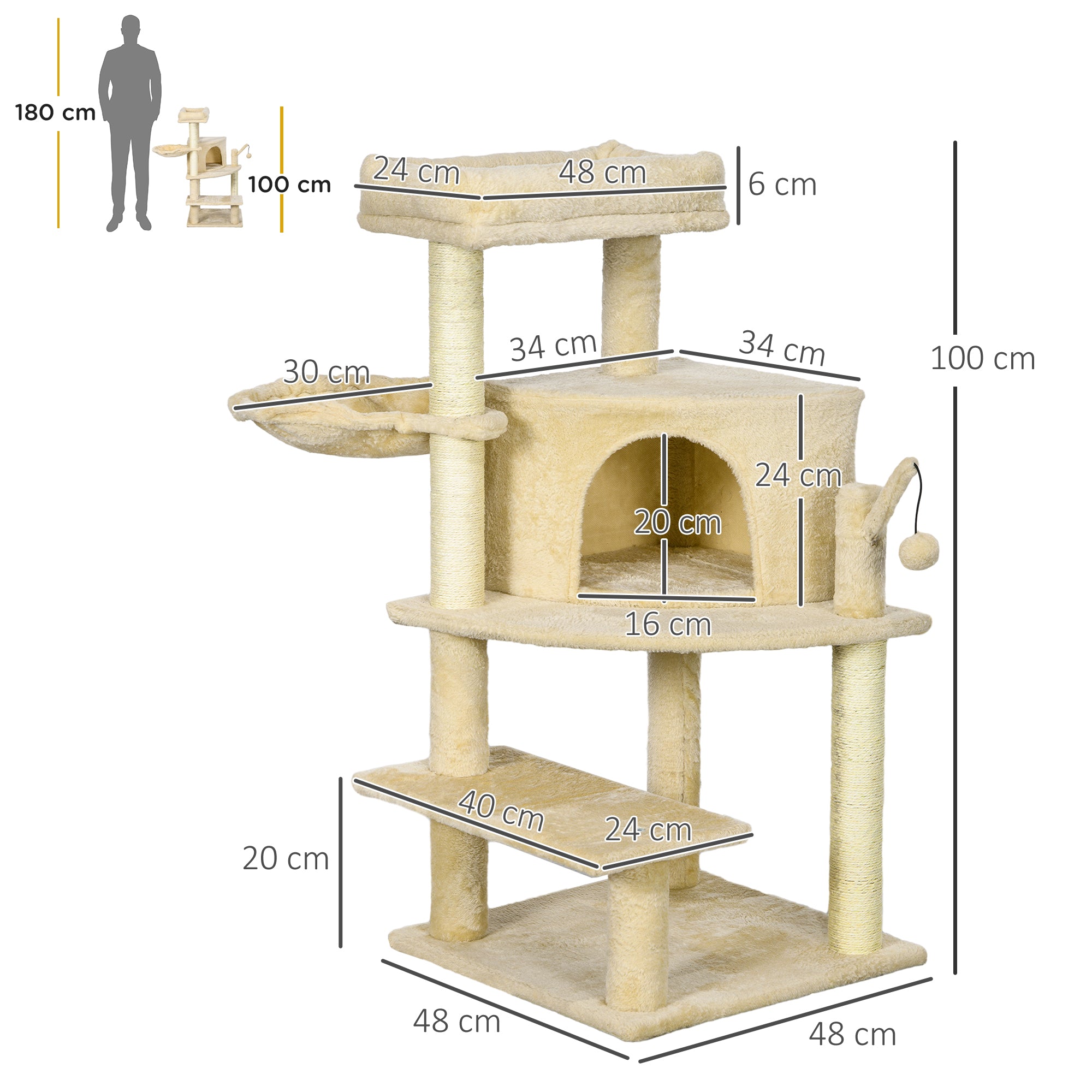 PawHut Sisal 100cm Cat Tree Tower with Sisal Scratching Post Cream White - North Peak Garden Furniture