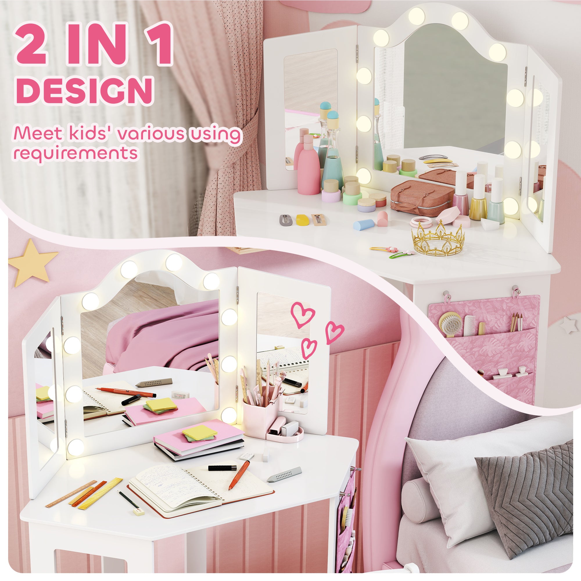 AIYAPLAY Kids Dressing Table and Stool Set, Girls Vanity Table with 2-Colour LED Lights, Tri-Folding Mirror, White