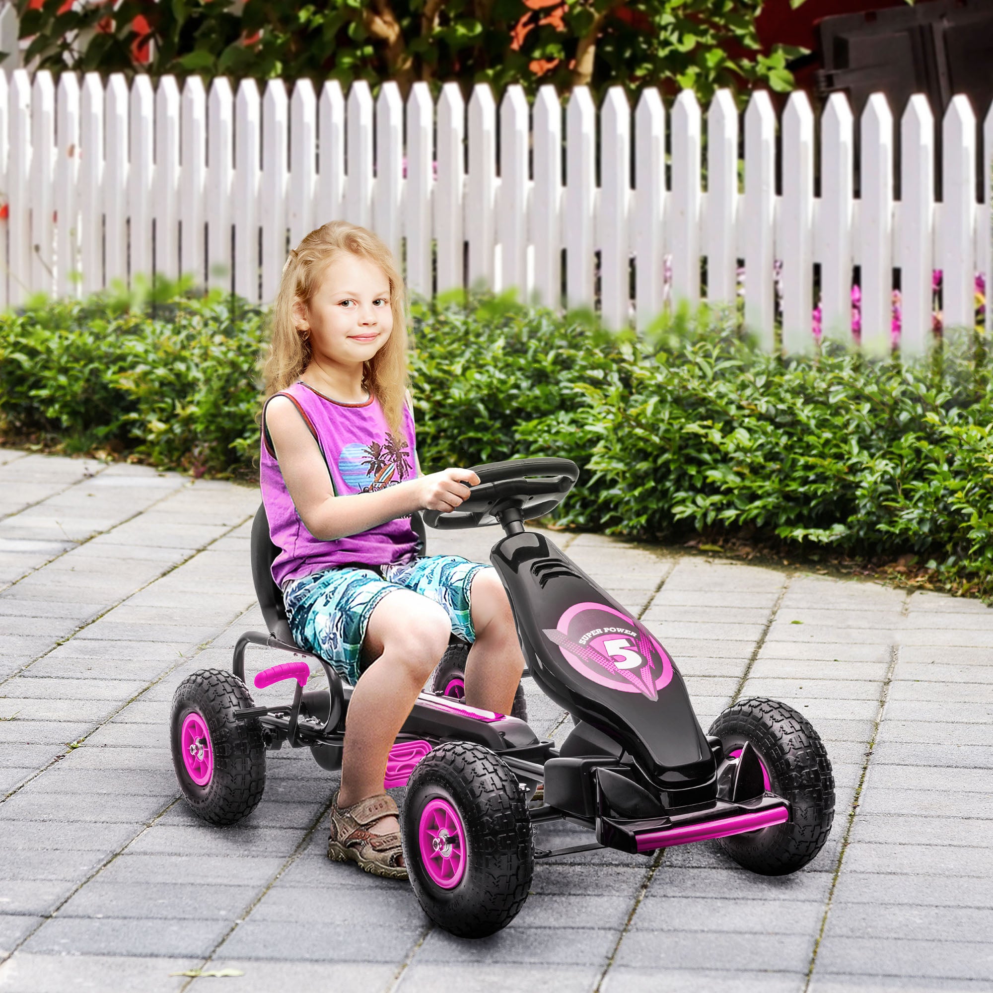 HOMCOM Kids Pedal Go Kart, with Adjustable Seat, Inflatable Tyres - Pink - North Peak Garden Furniture