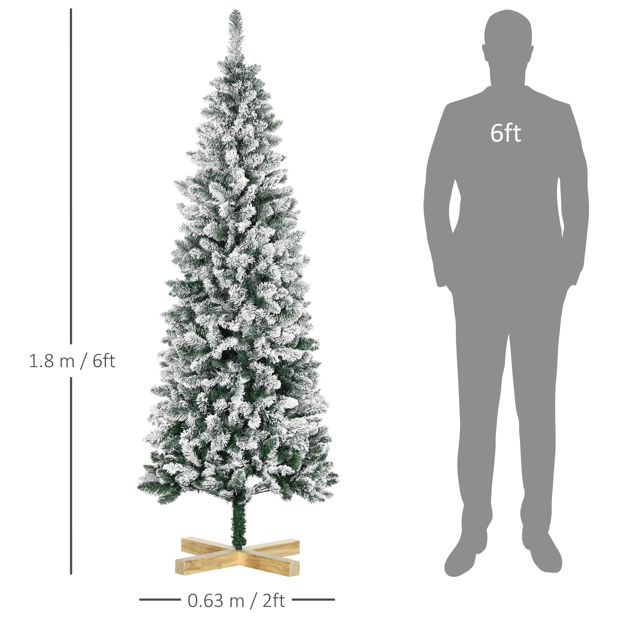 HOMCOM 6 Ft Snow Flocked Artificial Christmas Tree, Xmas Pencil Tree with Realistic Branches, Auto Open, Pinewood Base, Green - North Peak Garden Furniture