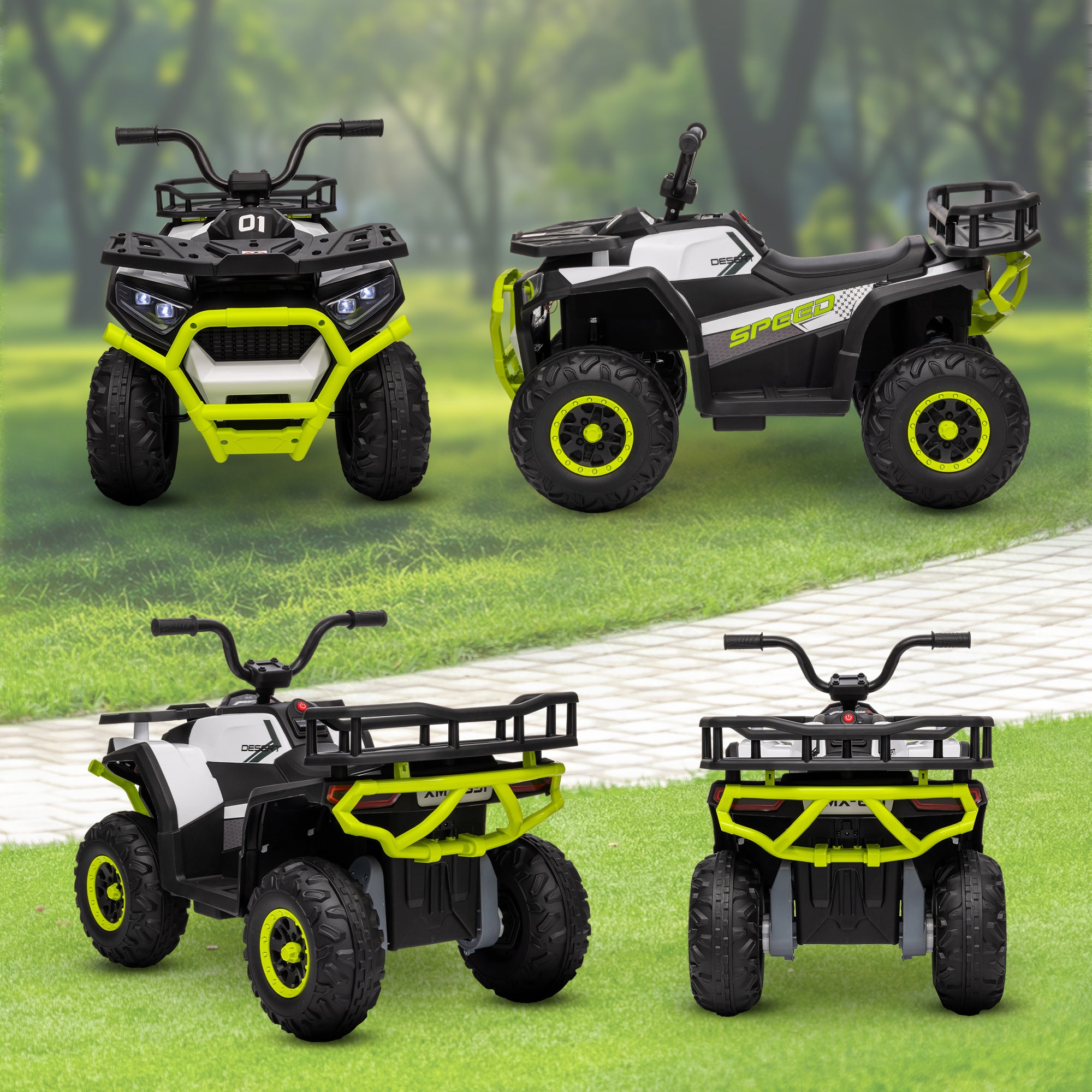 AIYAPLAY 12V Kids Electric Ride on ATV, Battery Powered Quad Bike w/ Spring Suspension, Forward Backward, Storage Basket - Green - North Peak Garden Furniture