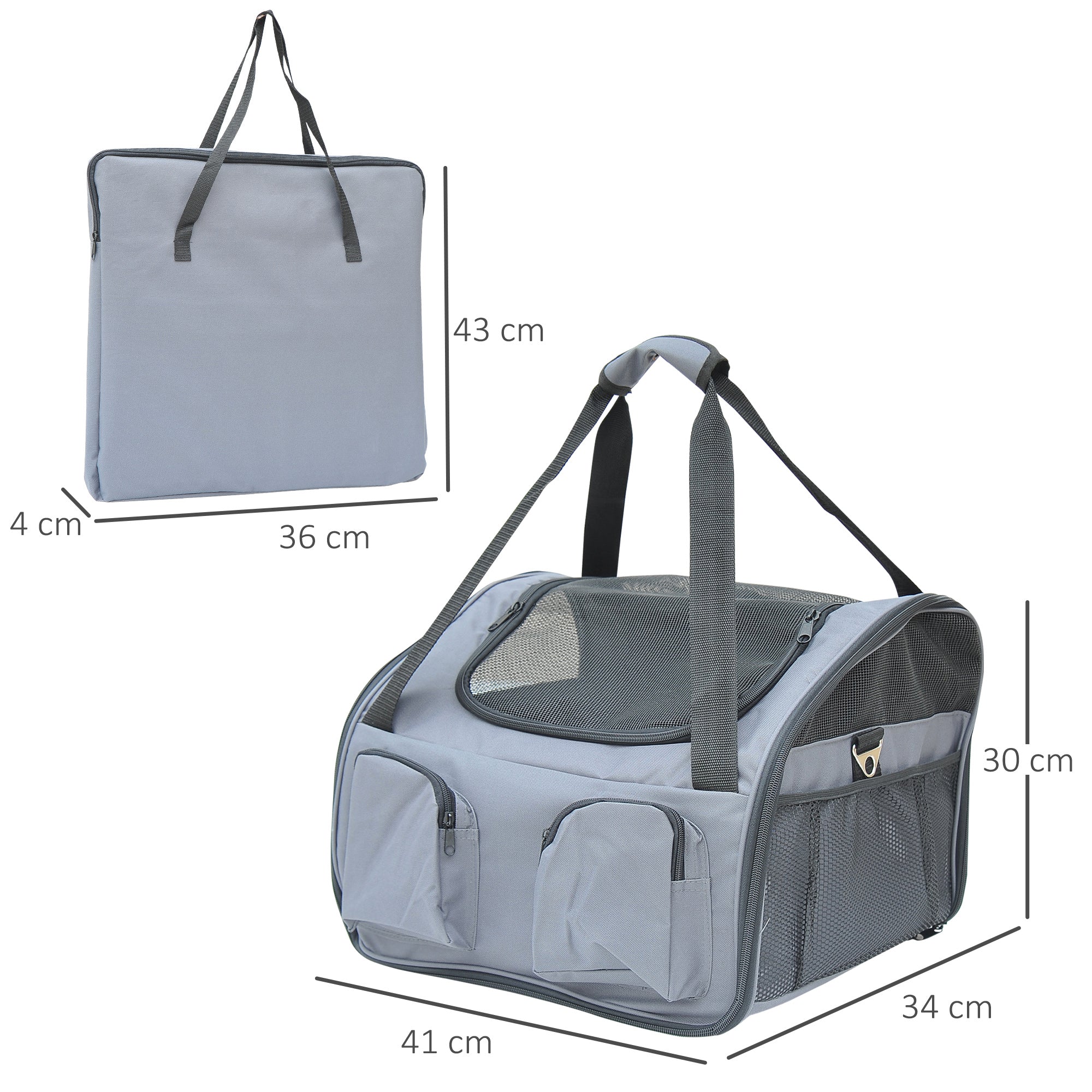 PawHut Portable Pet Carrier, Cat and Dog Travel Bag with Mesh Windows, Folding, 41 x 34 x 30 cm, Grey