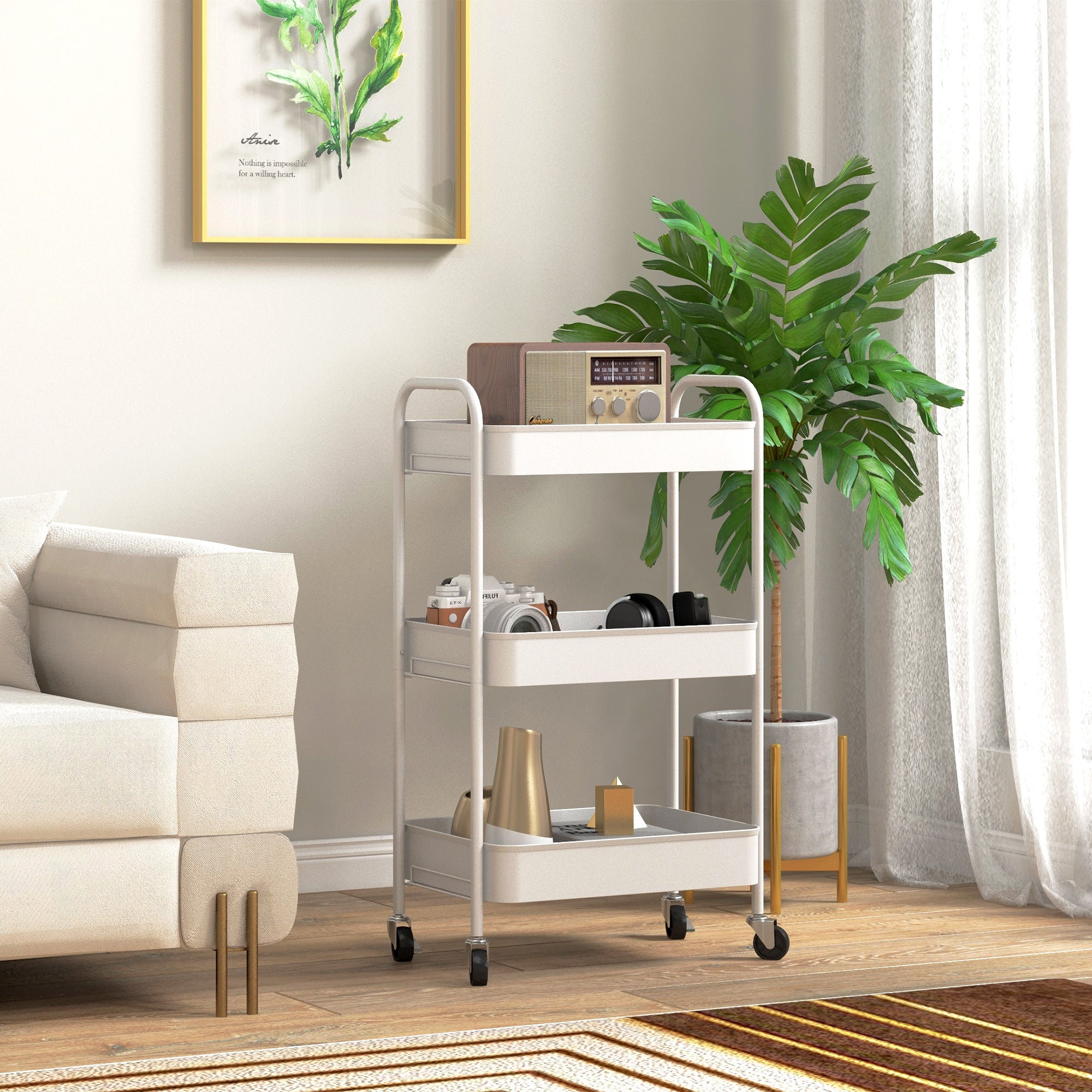 HOMCOM Three-Tier Steel Storage Trolley - White - North Peak Garden Furniture