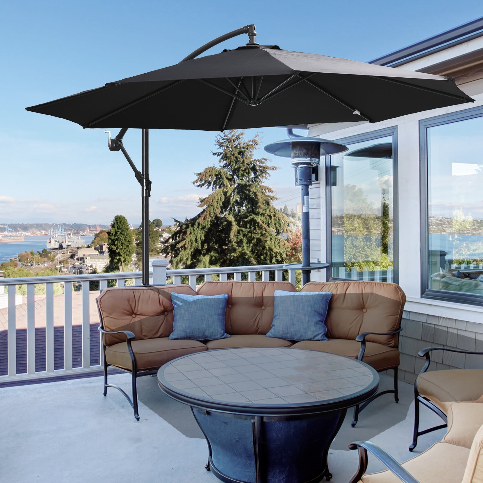 Outsunny 2.45m Overhanging Cantilever Parasol, with Cross Base - Black - North Peak Garden Furniture