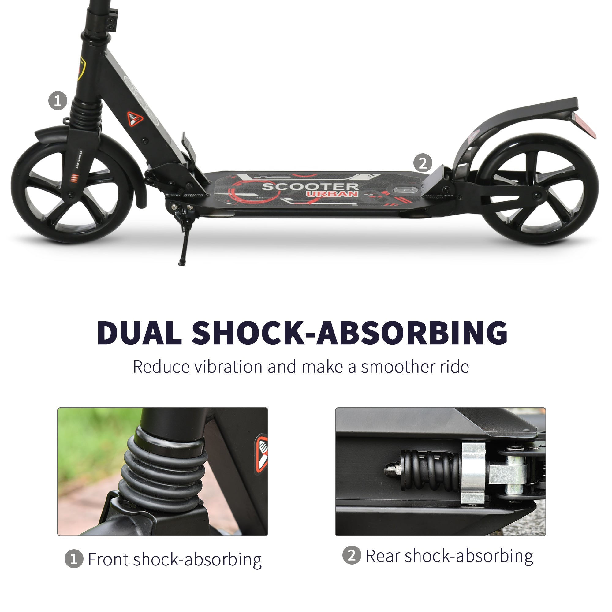 HOMCOM Folding Kick Scooter 2 Big Wheels Teens Adult 14+ Adjustable Ride On Black - North Peak Garden Furniture