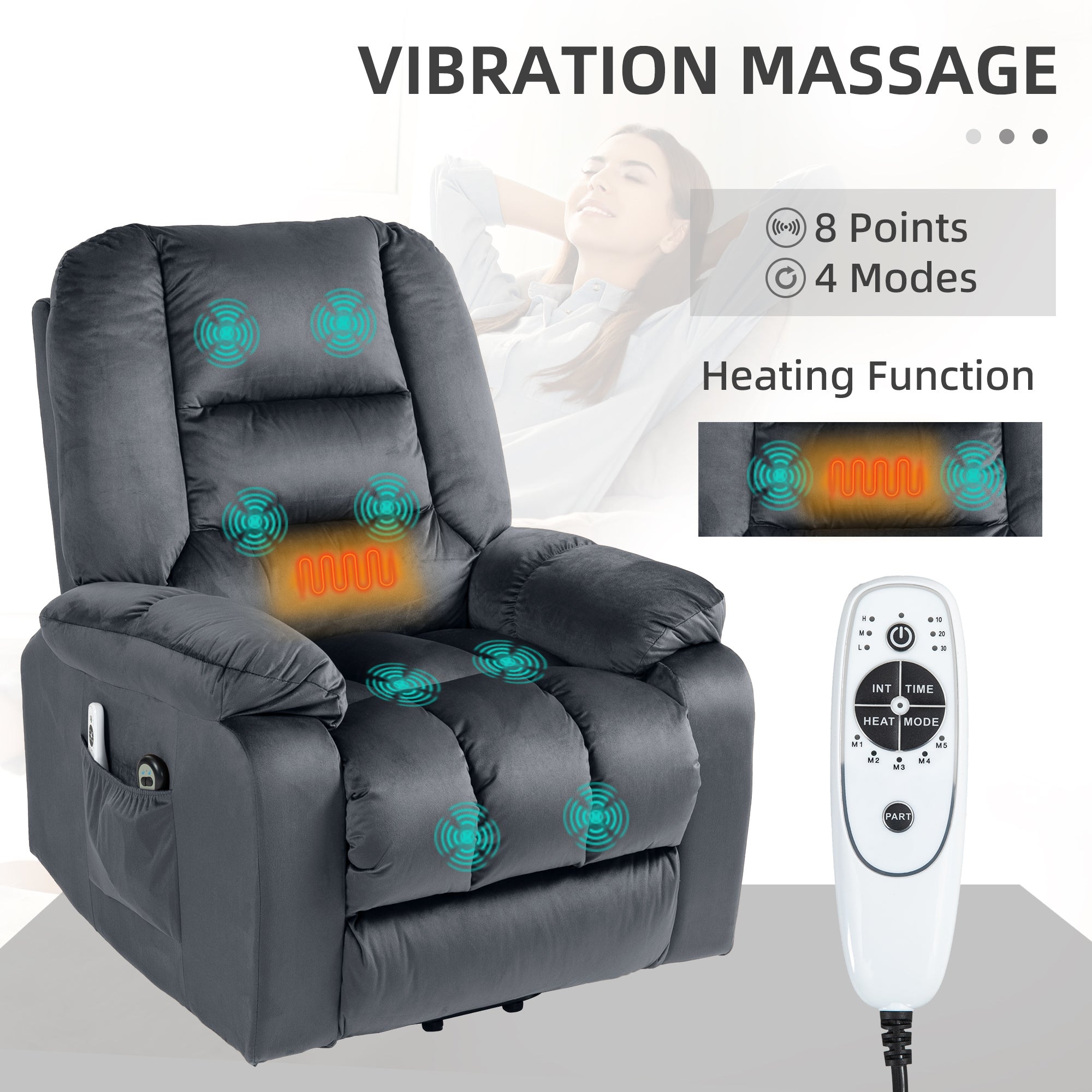 HOMCOM Leathaire Eight Massage Point Armchair, with Heat and Reclining Back - Grey - North Peak Garden Furniture