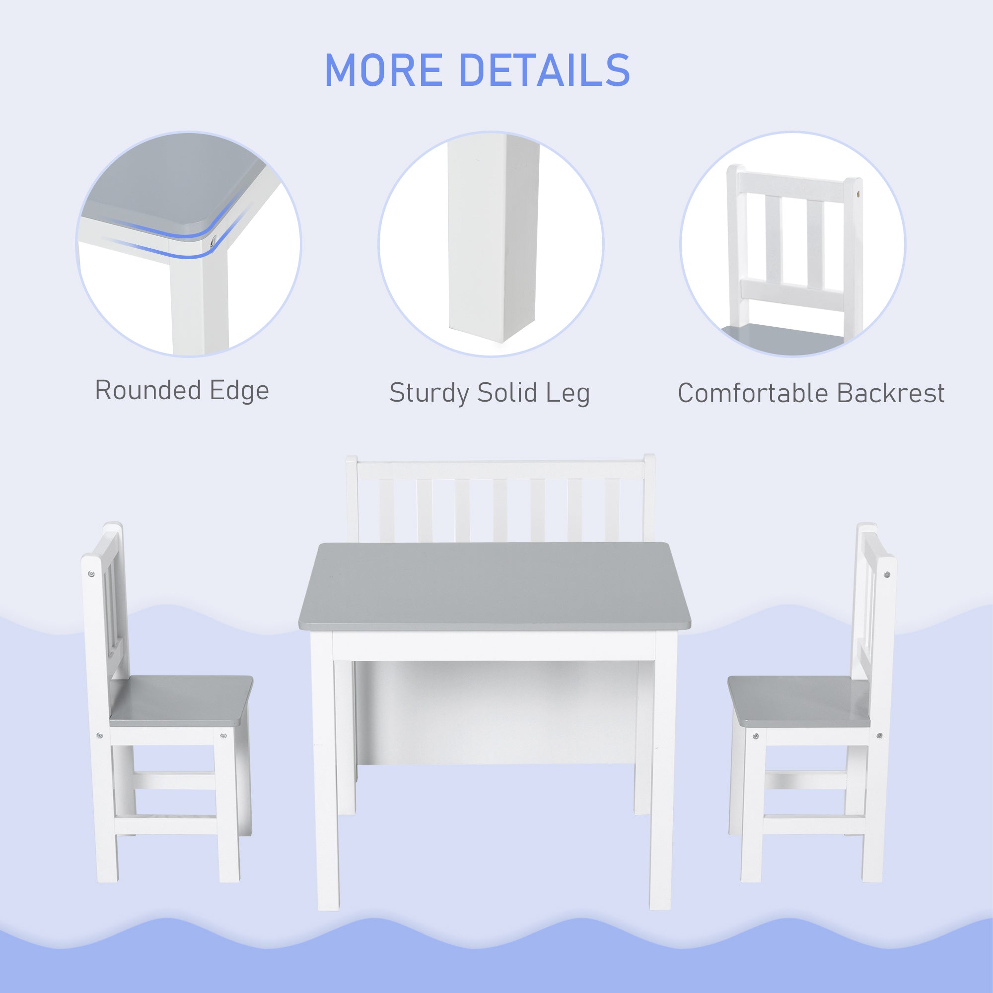 HOMCOM 4-Piece Kids Table and Chair Set with 2 Wooden Chairs, 1 Storage Bench, and Interesting Modern Design, Grey/White - North Peak Garden Furniture