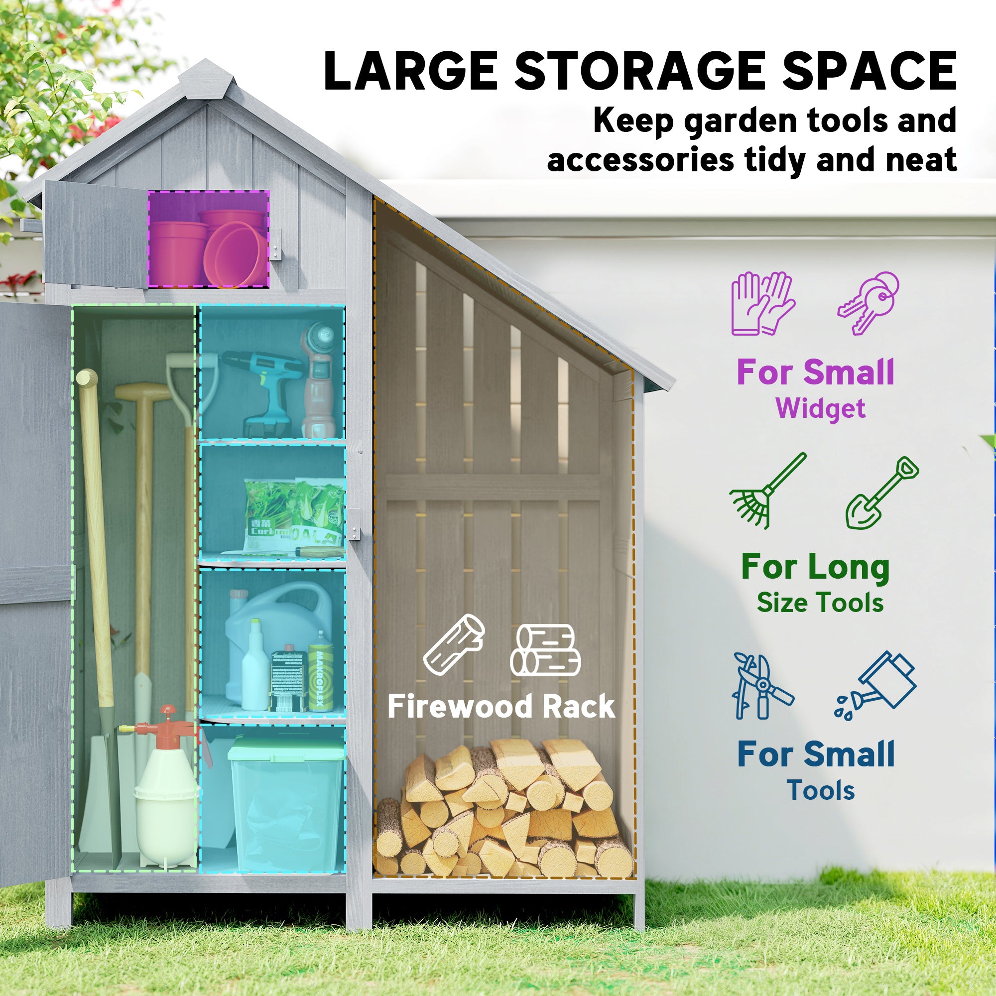 Outsunny Garden Outdoor Storage Shed 3 Shelves Tilt Roof w/ Firewood Rack Log Carrier, 129L x 51.5W x 180H cm