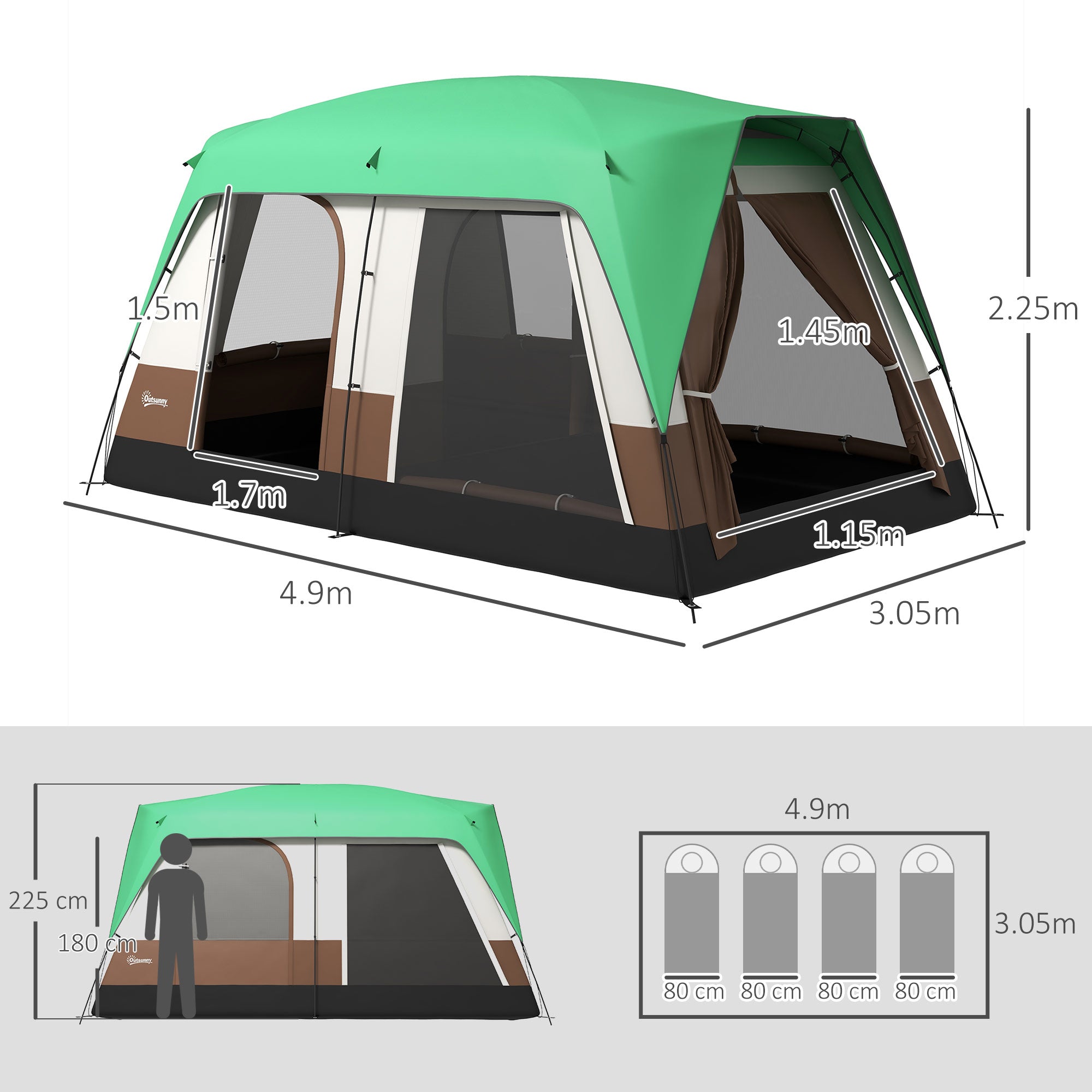 Outsunny Six-Man Camping Tent, with Small Rainfly and Accessories - Green - North Peak Garden Furniture