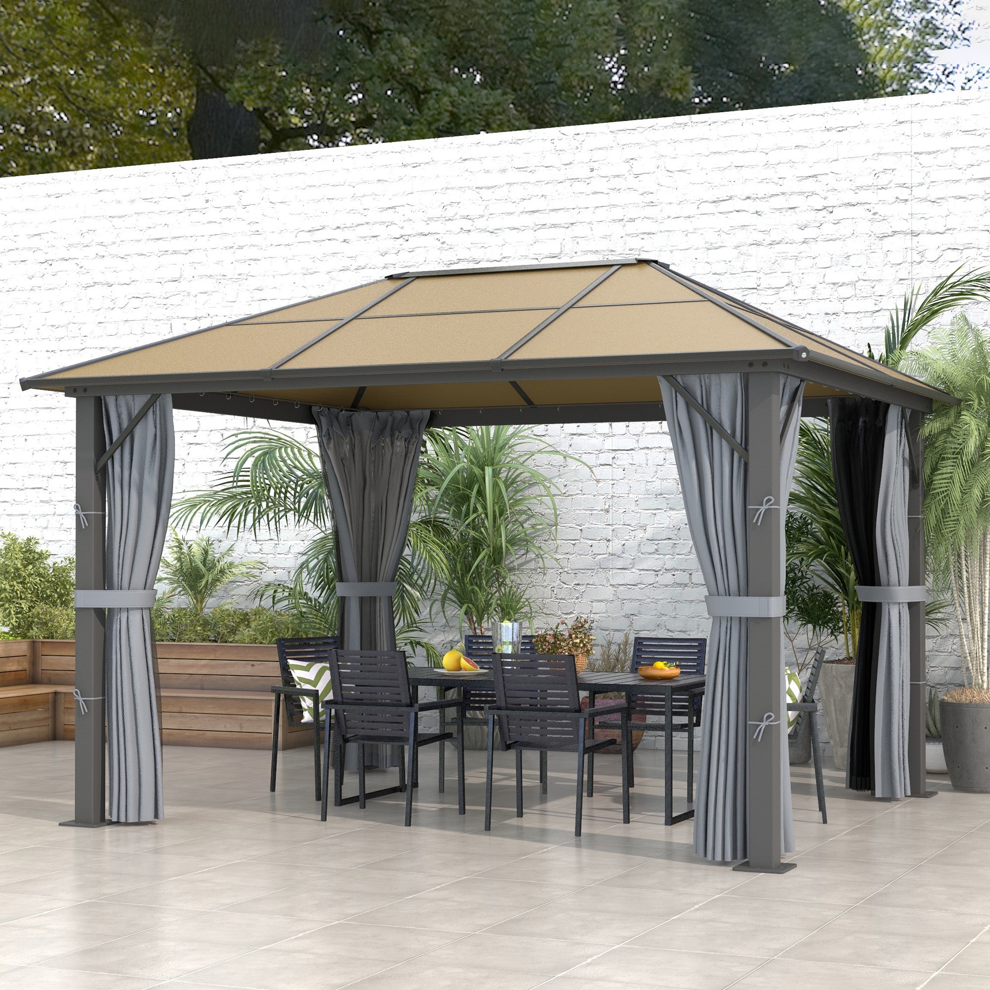 Outsunny 3 x 3.6m Garden Aluminium Gazebo Hardtop Roof Canopy Marquee Party Tent Patio with Mesh Curtains & Side Walls - Grey - North Peak Garden Furniture