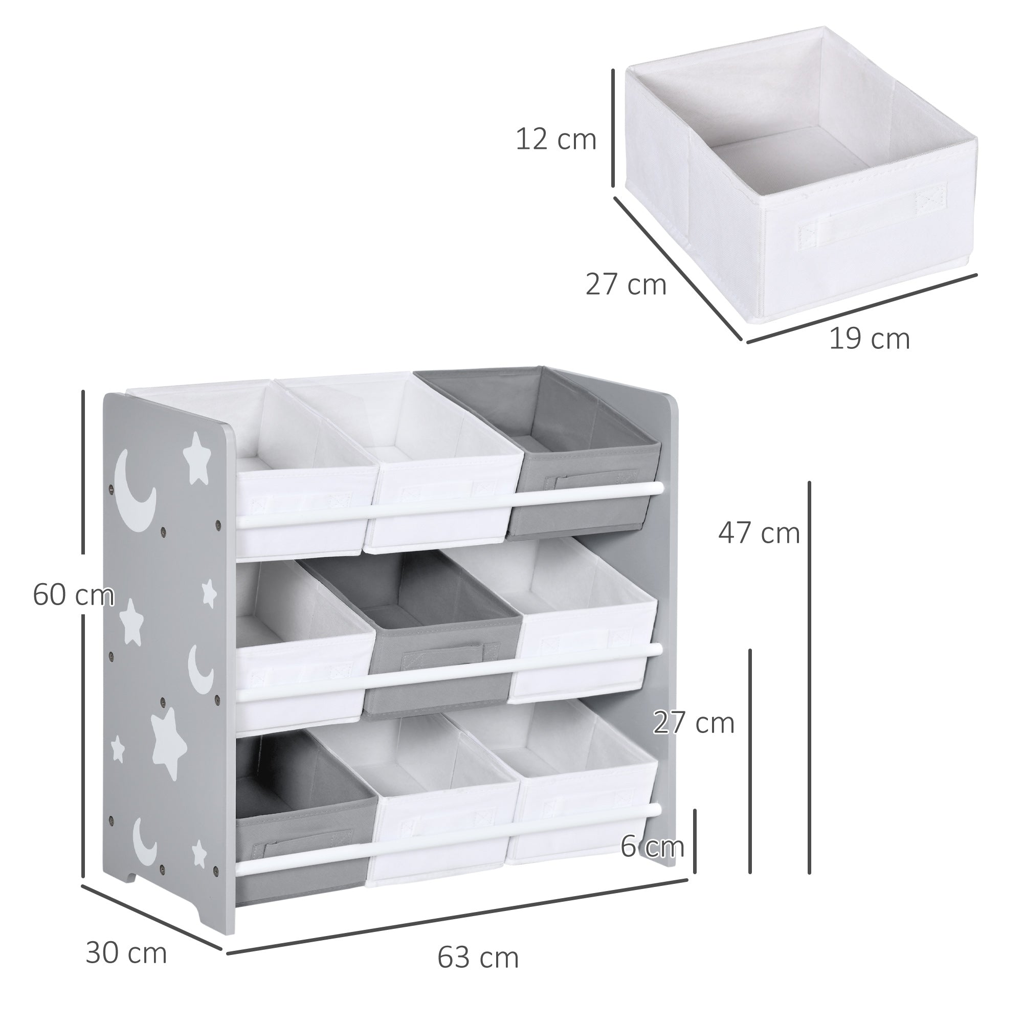 ZONEKIZ Kids Storage Rack, with Nine Removable Baskets, for Nursery, Bedroom, Playroom - Grey - North Peak Garden Furniture