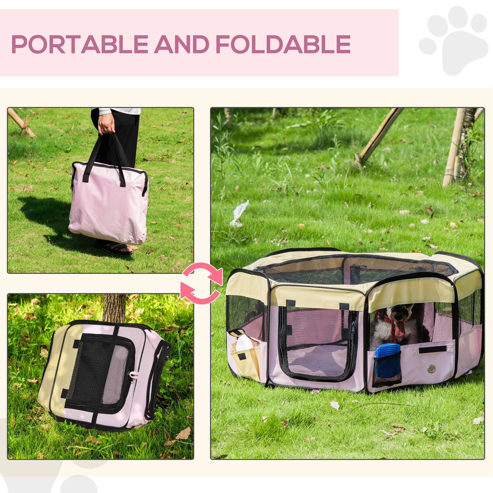 PawHut Small Pet Playpen, Fabric Enclosure for Dogs, Cats, Rabbits, Guinea Pigs, Pink, L37 x H37cm x D90cm