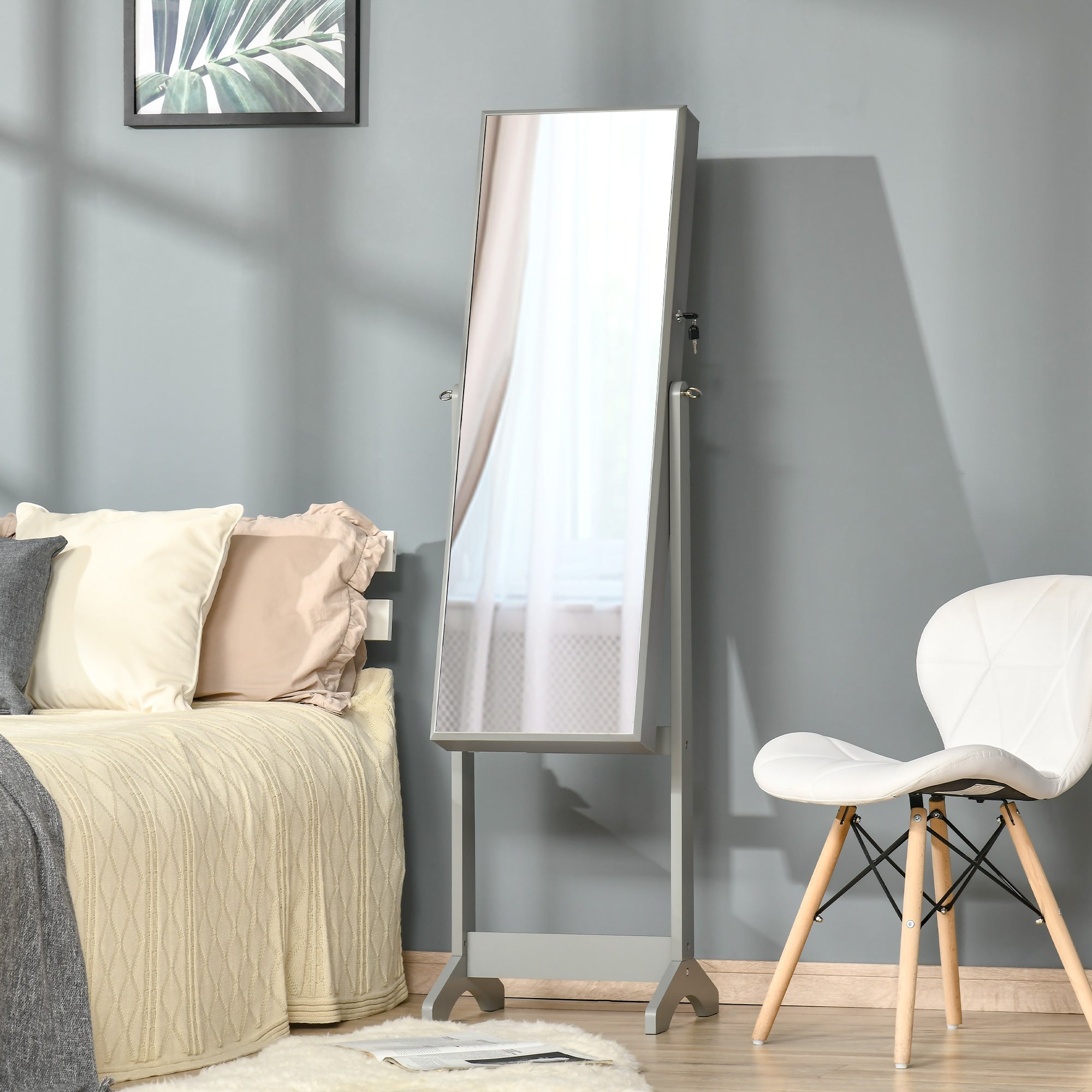 HOMCOM Full Length Mirror with Storage, Jewellery Cabinet with Mirror, Adjustable Angle and Stand, Lockable Jewellery Organiser for Bedroom Dressing Room, Grey - North Peak Garden Furniture
