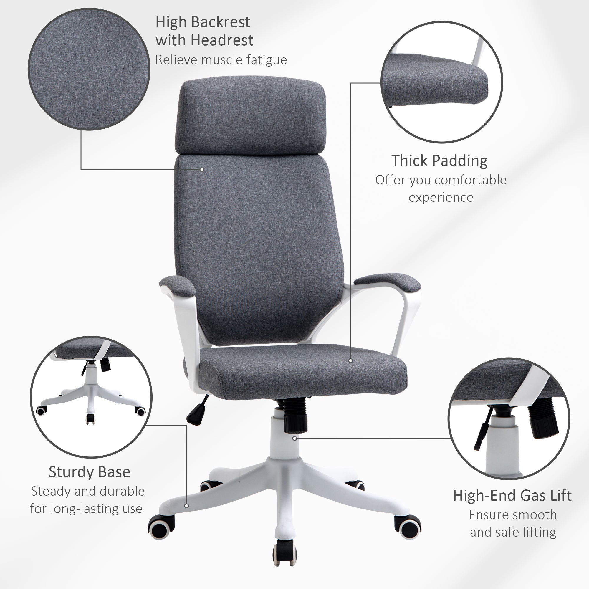 Vinsetto Office Chair, Ergonomic Desk Chair, High Back Study Chair with Headrest and Lumbar Back Support, Adjustable Height for Home and Work, Grey - North Peak Garden Furniture