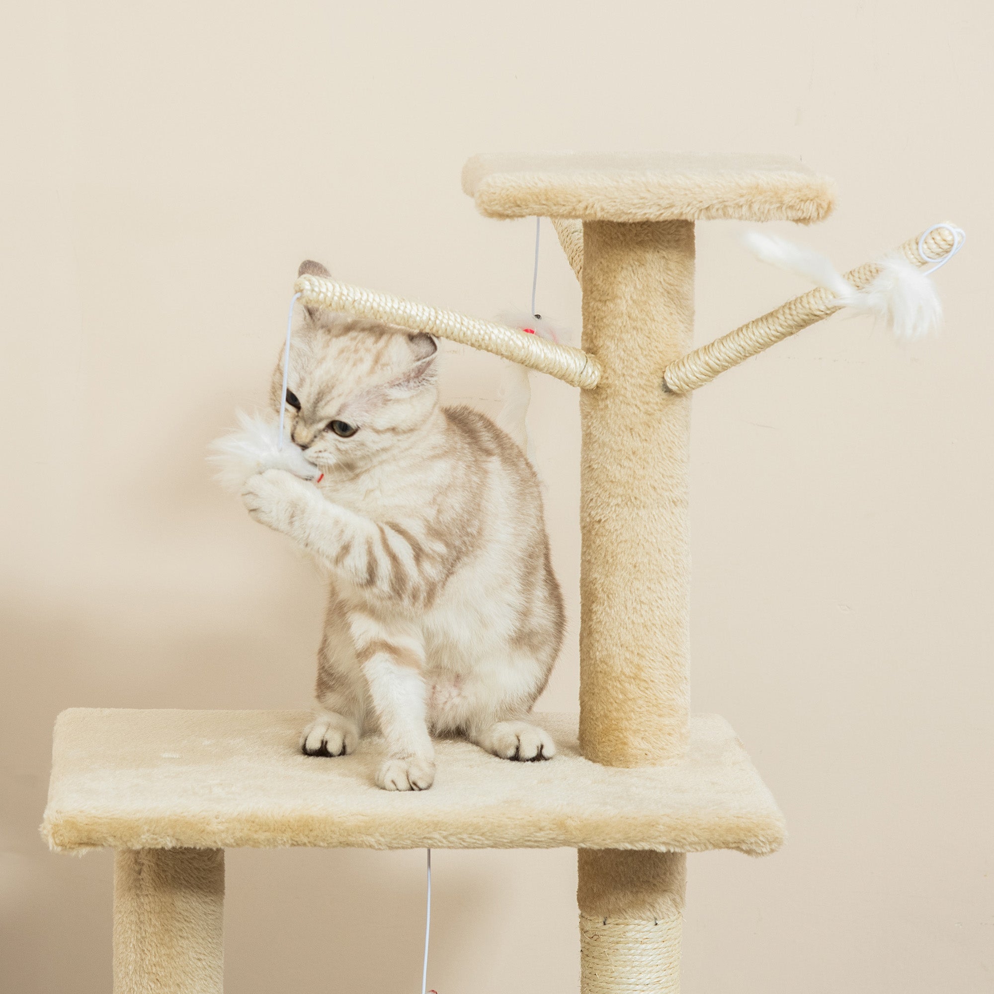 PawHut Cat Tree for Indoor Cats 135cm Cat Tower Scratching Post Kitty Scratcher Climbing Tower with Ladder, Beige - North Peak Garden Furniture