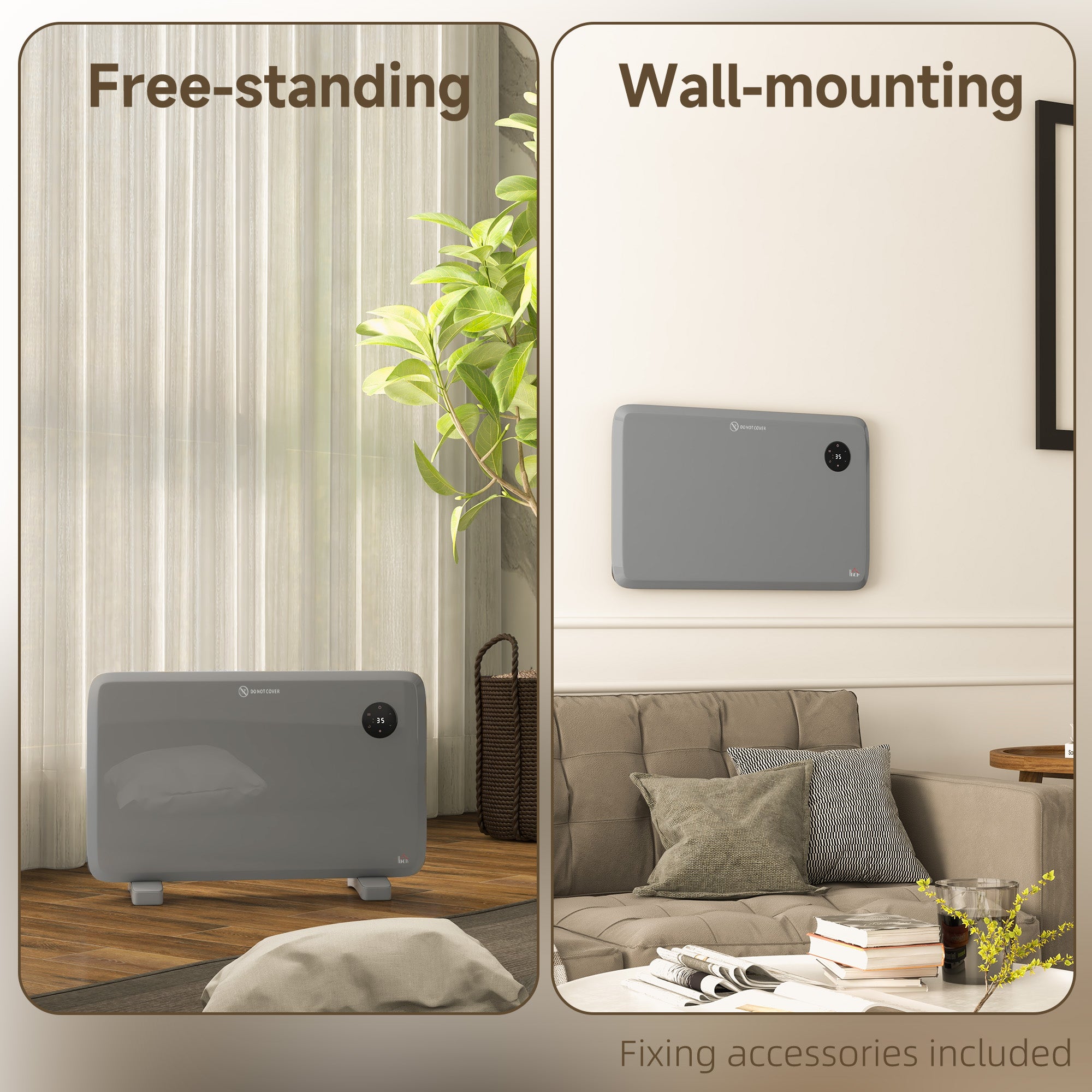 HOMCOM 1200W Electric Convector Heater, Freestanding or Wall Mounted, Space Heater with Adjustable Thermostat, Timer, Grey - North Peak Garden Furniture