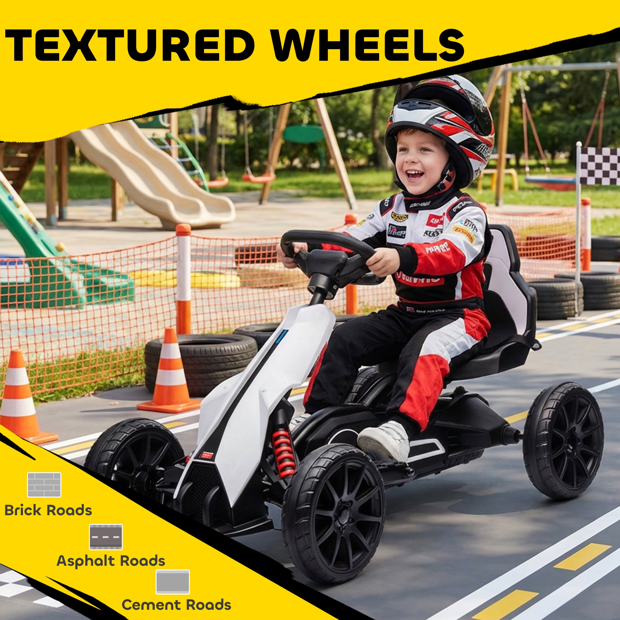HOMCOM 12V Electric Go Kart for Kids, Ride-On Racing Go Kart with Forward Reversing, Rechargeable Battery, 2 Speeds, for Boys Girls Aged 3-8 Years Old - White