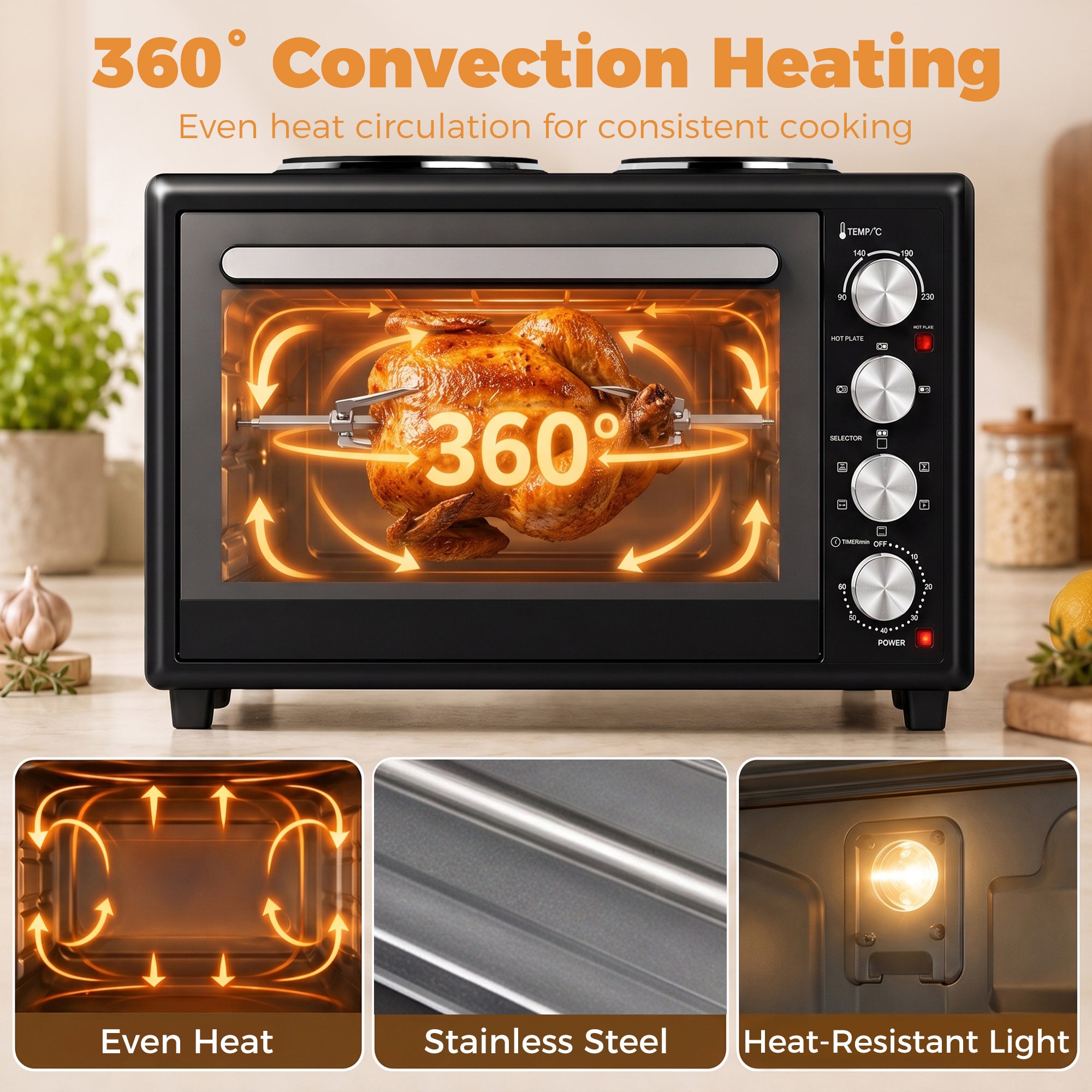 HOMCOM 46L Mini Oven with Dual Hot Plates, Electric Countertop Cooker with Convection, 90–230°C Adjustable Temperature