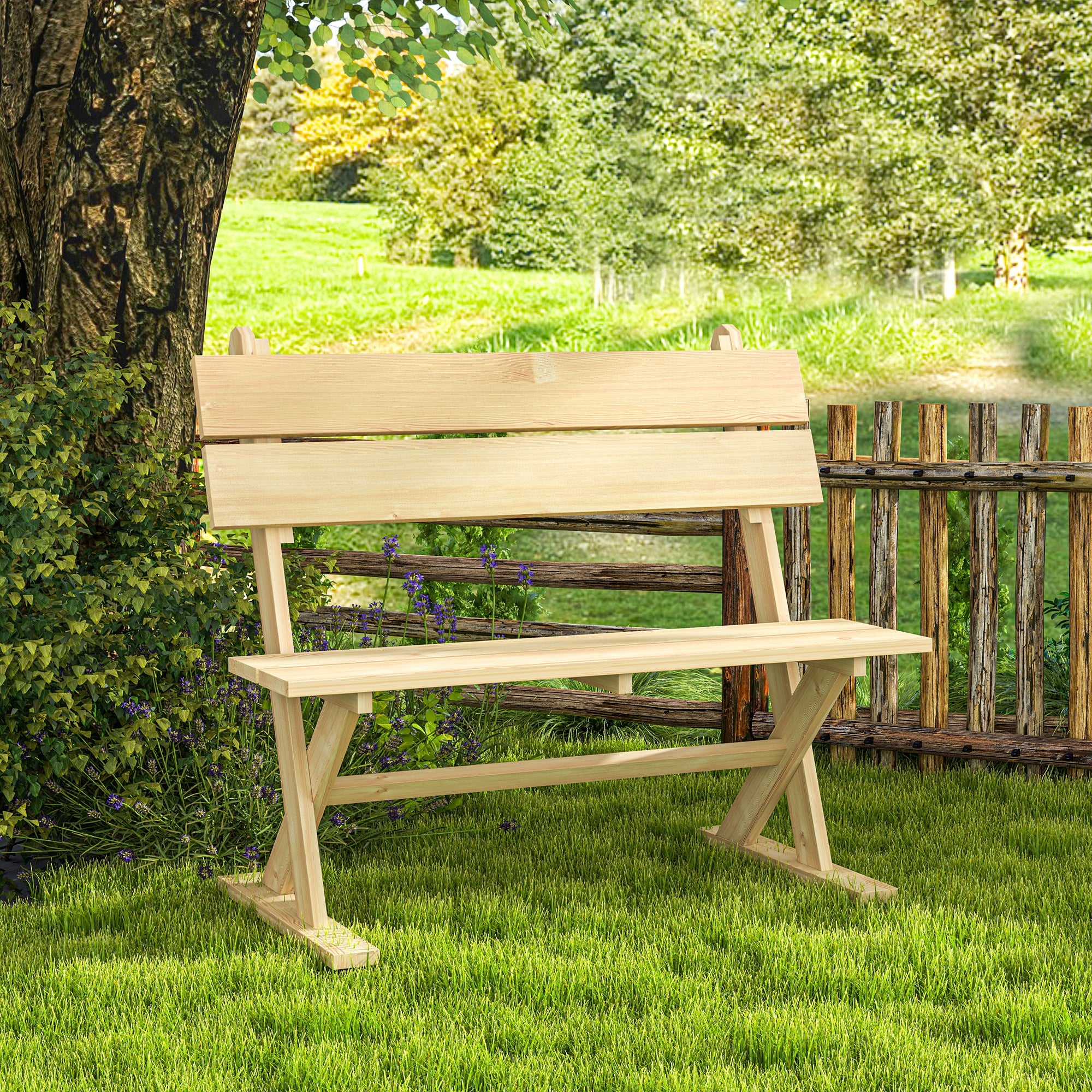 Outsunny 2 Seater Wooden Garden Bench, Fir Wood Outdoor Bench, Garden Loveseat with Slatted Seat, Sloping Back and Wide Feet for Patio, Park, Natural Wood Finish - North Peak Garden Furniture