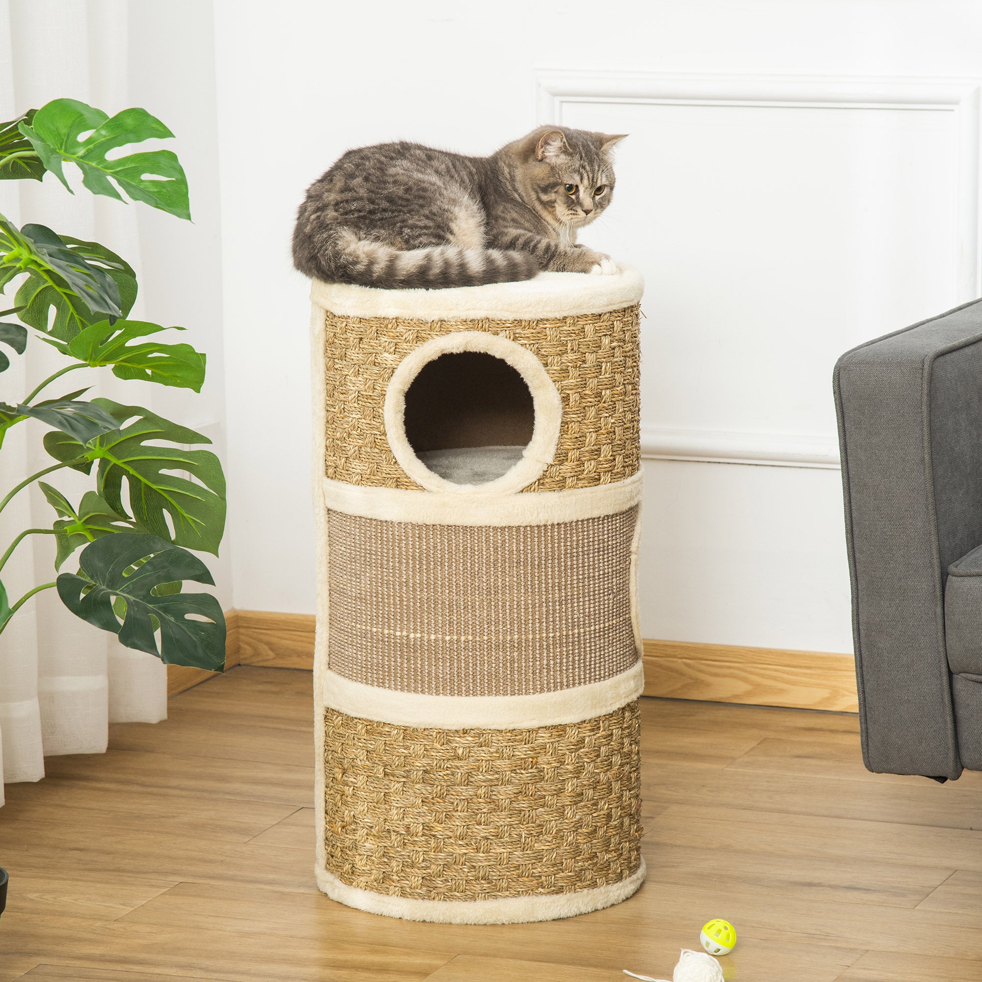 PawHut Cat Scratching Barrel Kitten Tree Tower Pet Furniture Climbing Frame Covered with Sisal and Seaweed Rope Cozy Platform Soft Plush