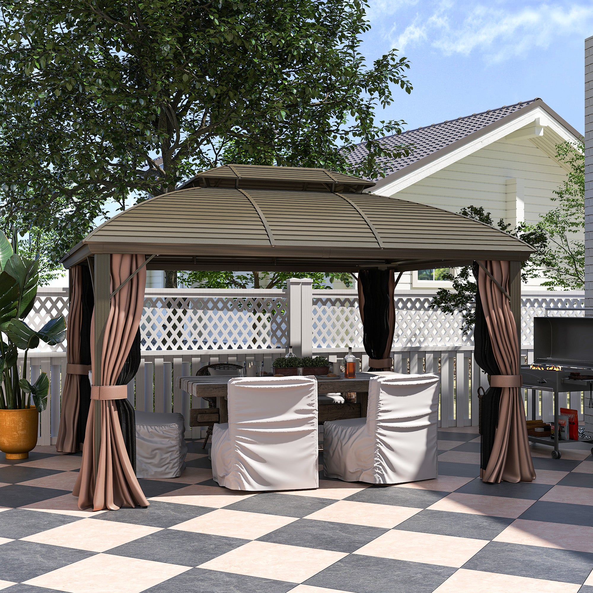 Outsunny 3.65 x 3(m) Hardtop Steel Gazebo Canopy with Aluminium Frame, Double Roof, Net Sidewalls and Curtains, Coffee - North Peak Garden Furniture