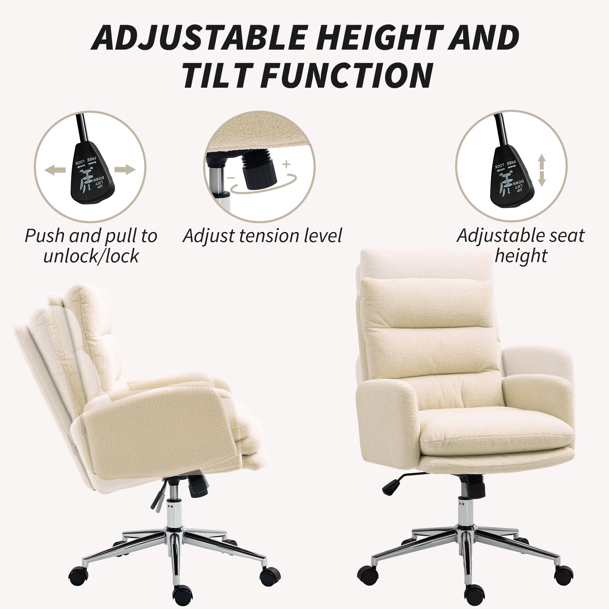 HOMCOM 91-99cm Sherpa Fleece Office Chair - Cream White - North Peak Garden Furniture