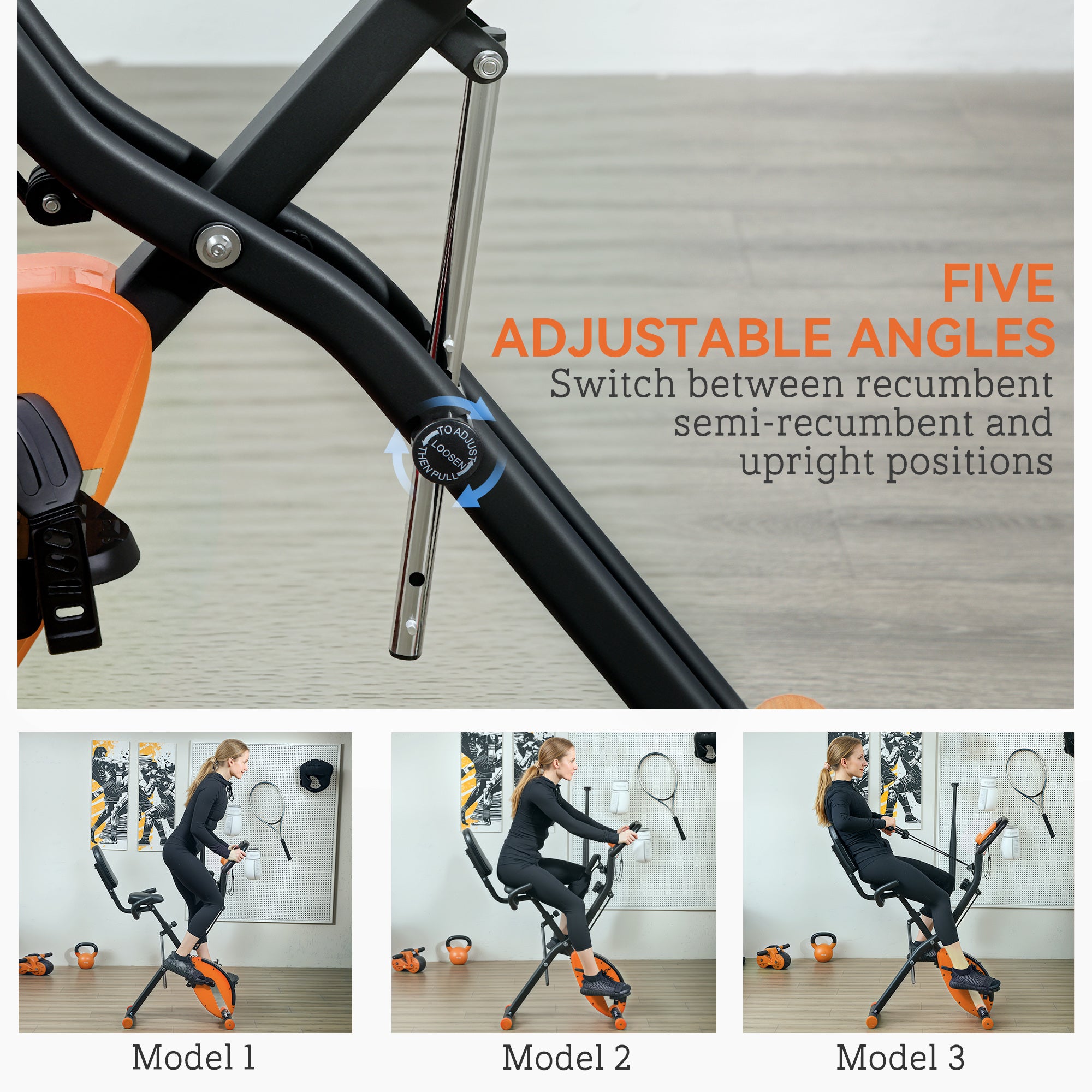SPORTNOW 5-In-1 Folding Exercise Bike with Arm Workout Bands, Quiet 8-Level Magnetic Resistance Foldable Exercise Bike with LCD, Tablet Holder, Hand Pulse Sensor for Home Use Indoor Cycling, Orange - North Peak Garden Furniture