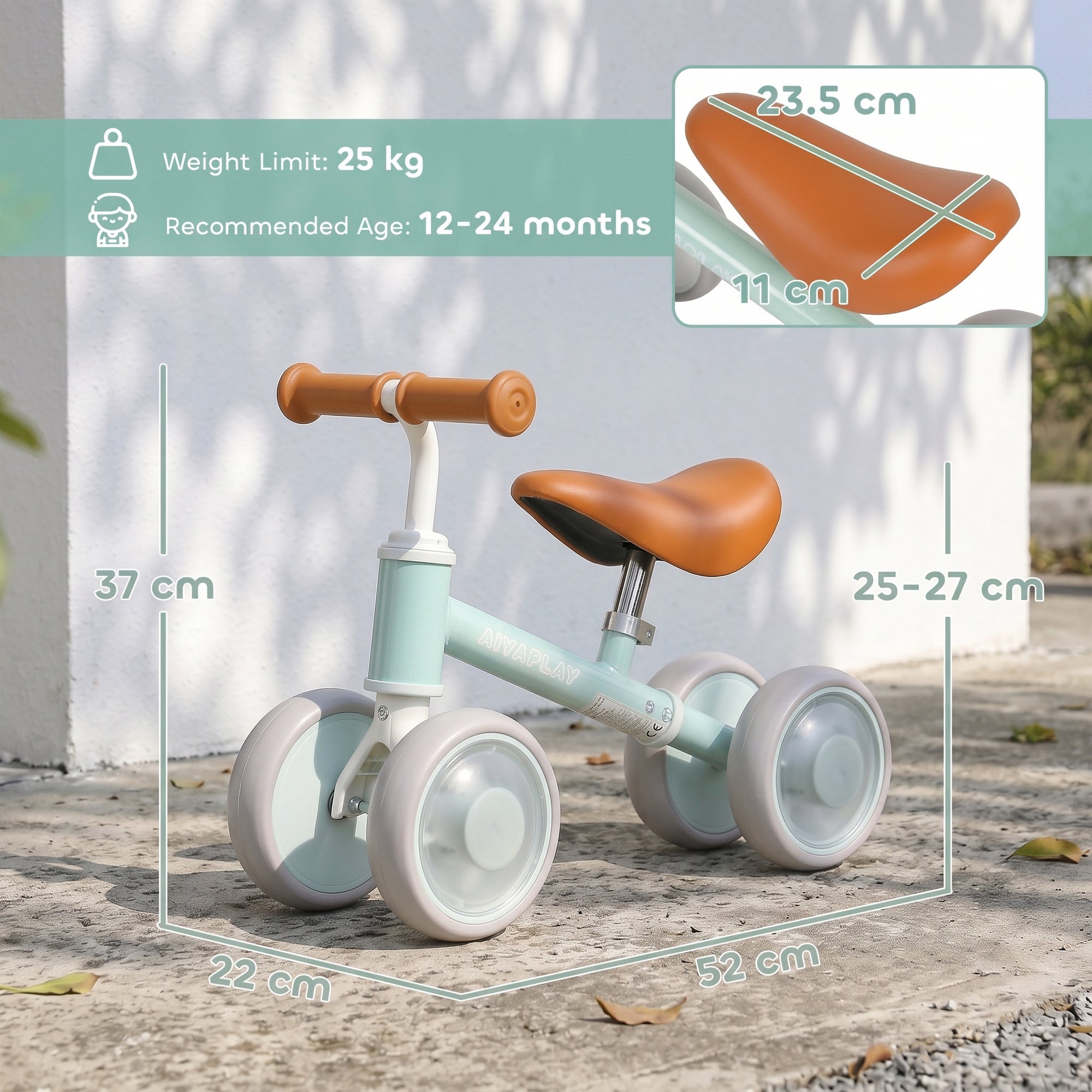 AIYAPLAY Baby Balance Bike for 1-2 Years Old, Light-up Toddler Balance Bike with Adjustable Seat, 4 Silent EVA Wheels, Green