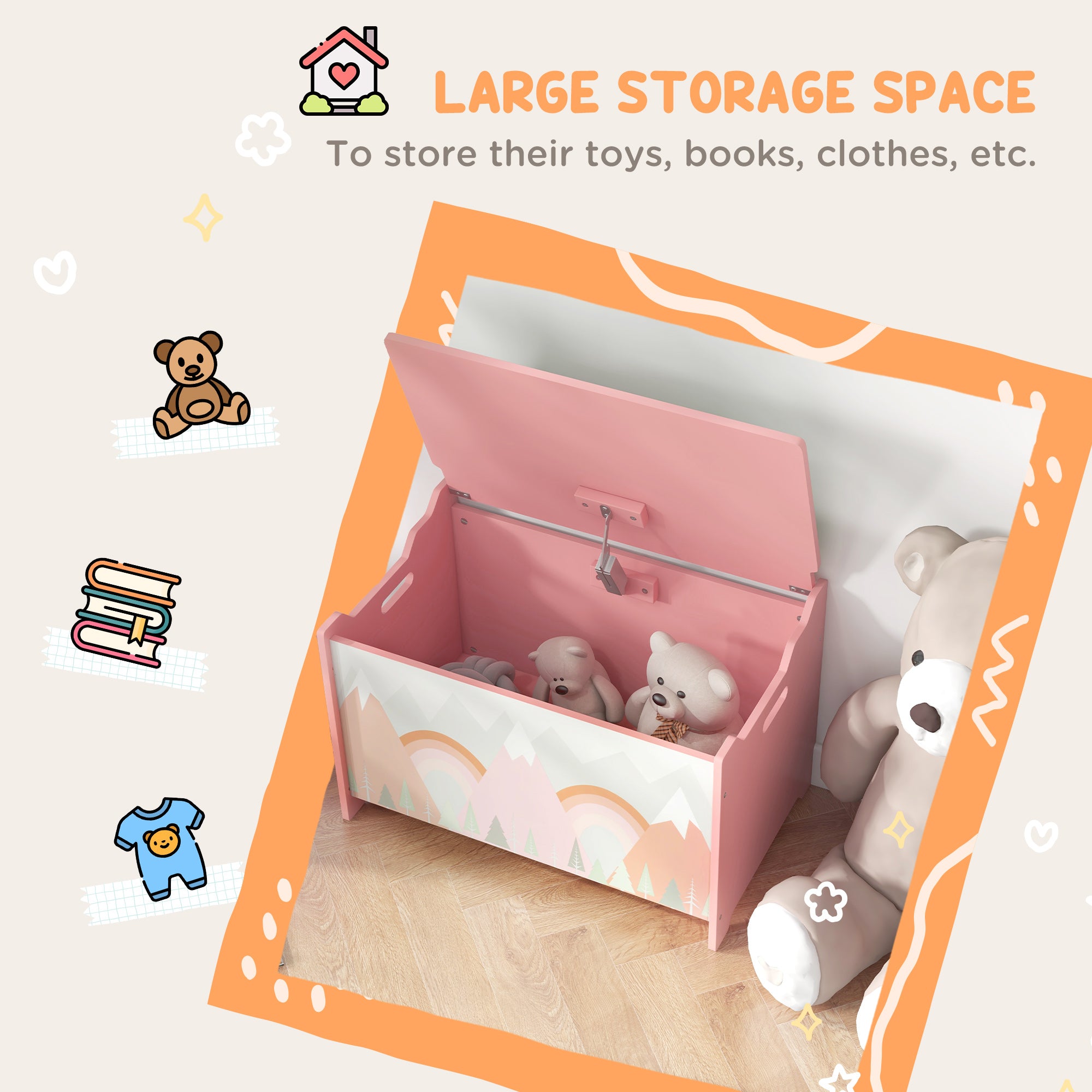 ZONEKIZ Toy Box, Kids Storage Chest, with Lid, Safety Hinge - Pink - North Peak Garden Furniture