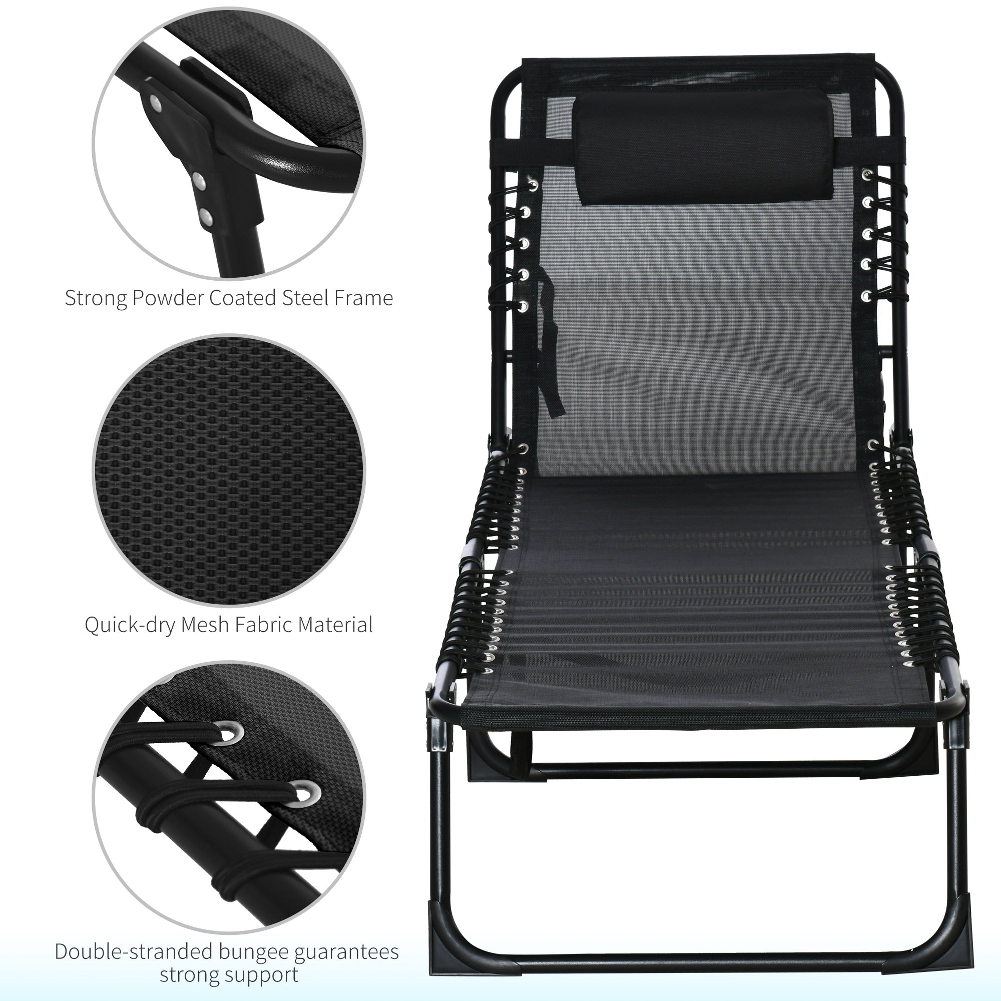 Outsunny Foldable Sun Lounger, Outdoor 4 Level Adjustable Backrest Reclining Chaise Chair, Steel Frame Recliner Chair for Camping, Hiking, Black - North Peak Garden Furniture