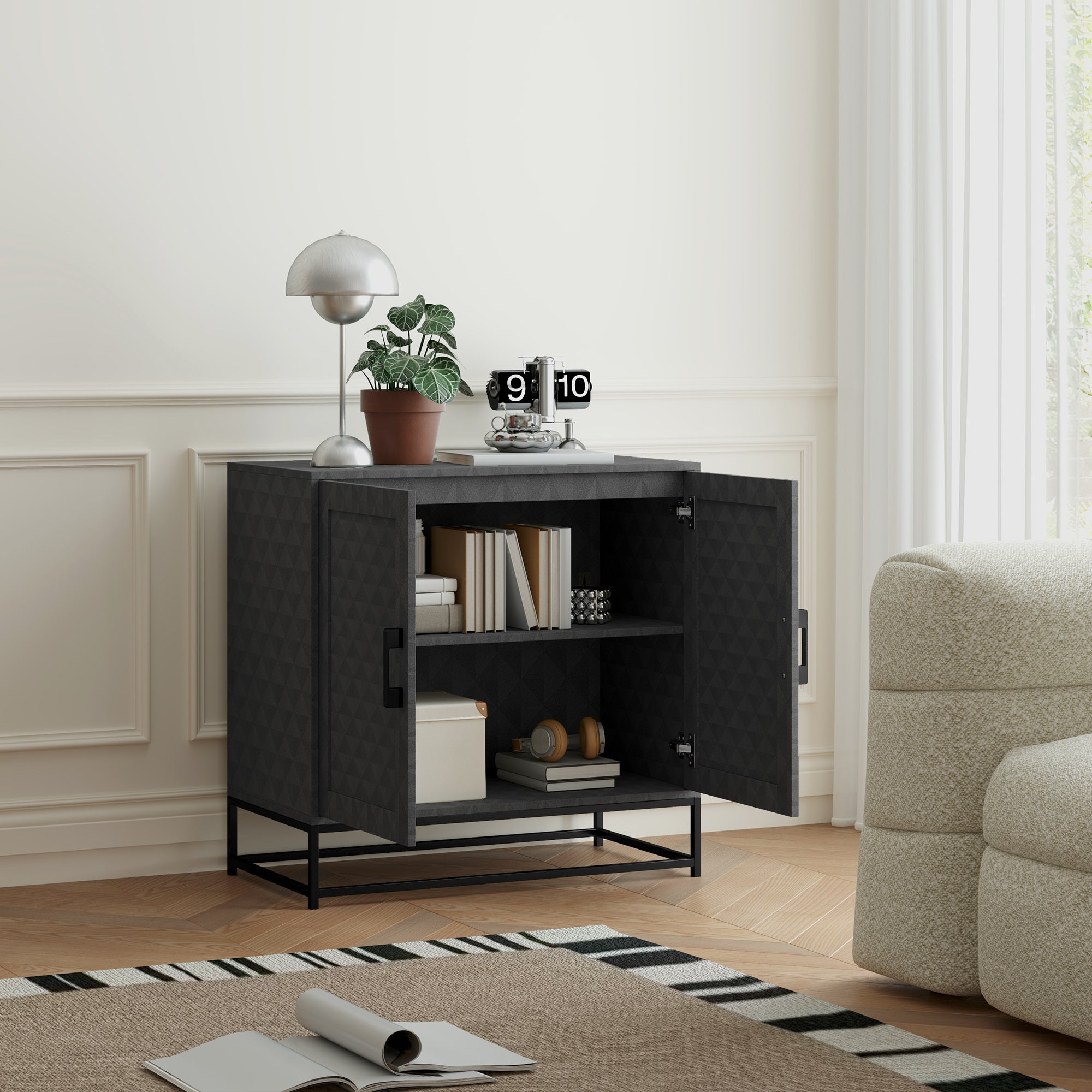 HOMCOM Modern Sideboard, Freestanding Sideboard Storage Cabinet with Adjustable Shelf and 2 Doors for Living Room, Grey - North Peak Garden Furniture