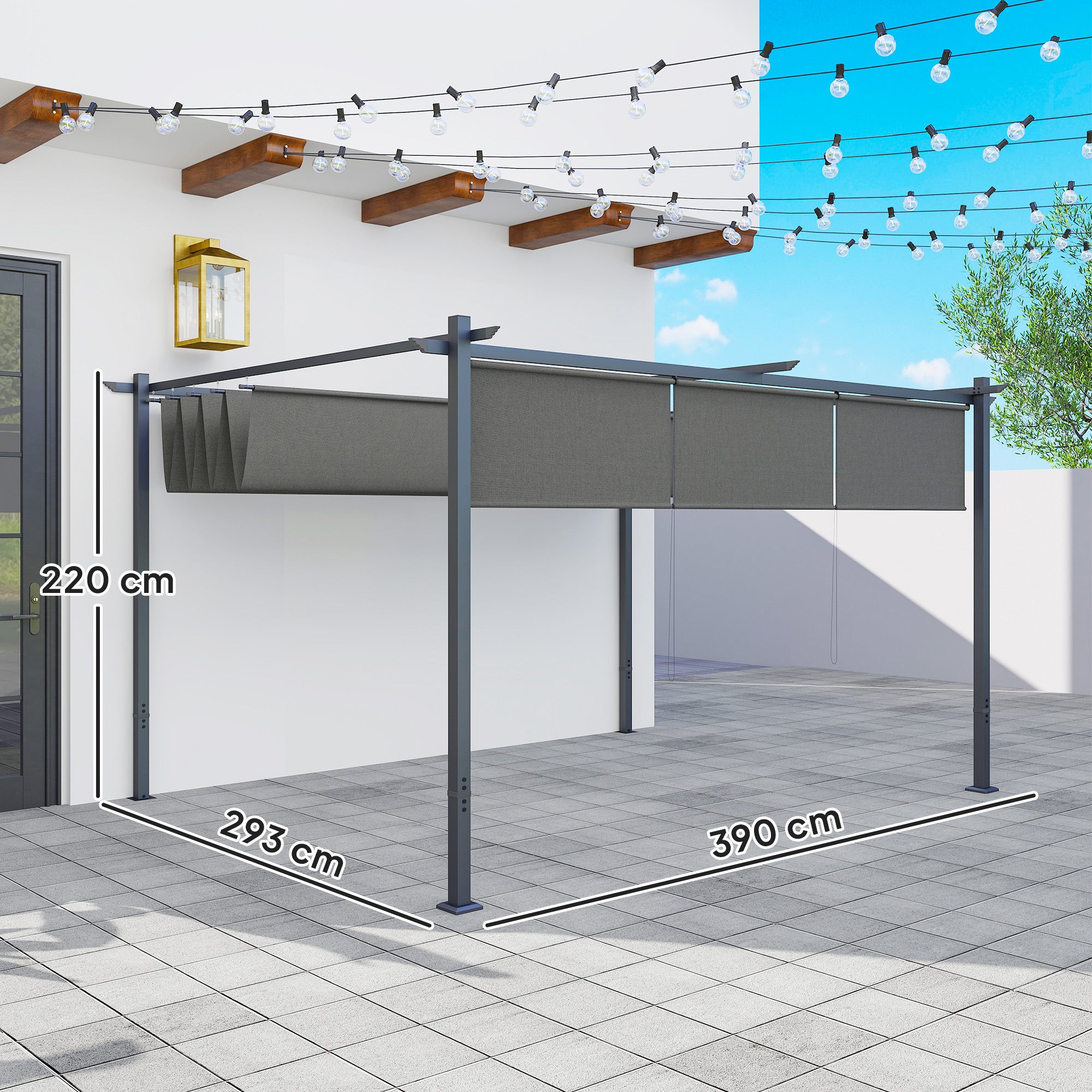 Outsunny 3 x 4m Metal Pergola with Retractable Roof and Roller Shade, Wall-Mounted or Free Standing Garden Gazebo Canopy Pergola Kit, UPF30+ Outdoor Sun Shade Shelter, Grey - North Peak Garden Furniture