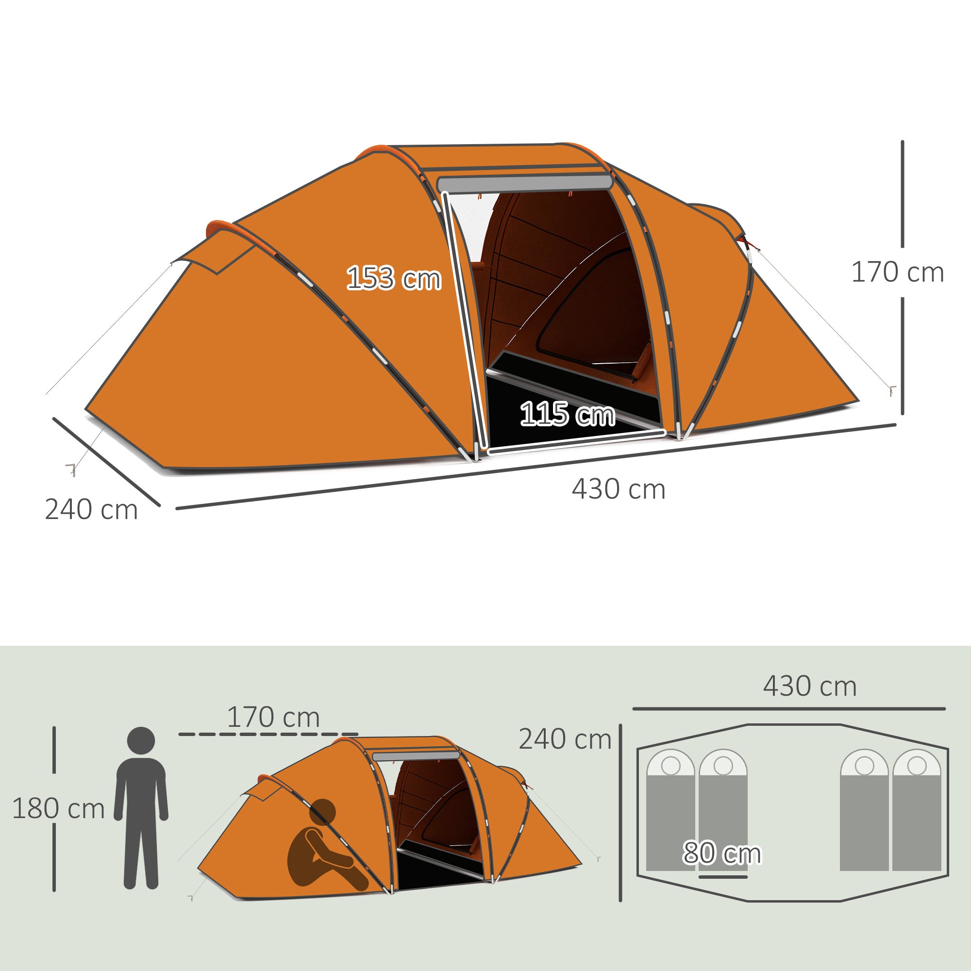 Outsunny 4-6 Man Camping Tent w/ Two Bedroom, Hiking Sun Shelter, UV Protection Tunnel Tent, Orange - North Peak Garden Furniture
