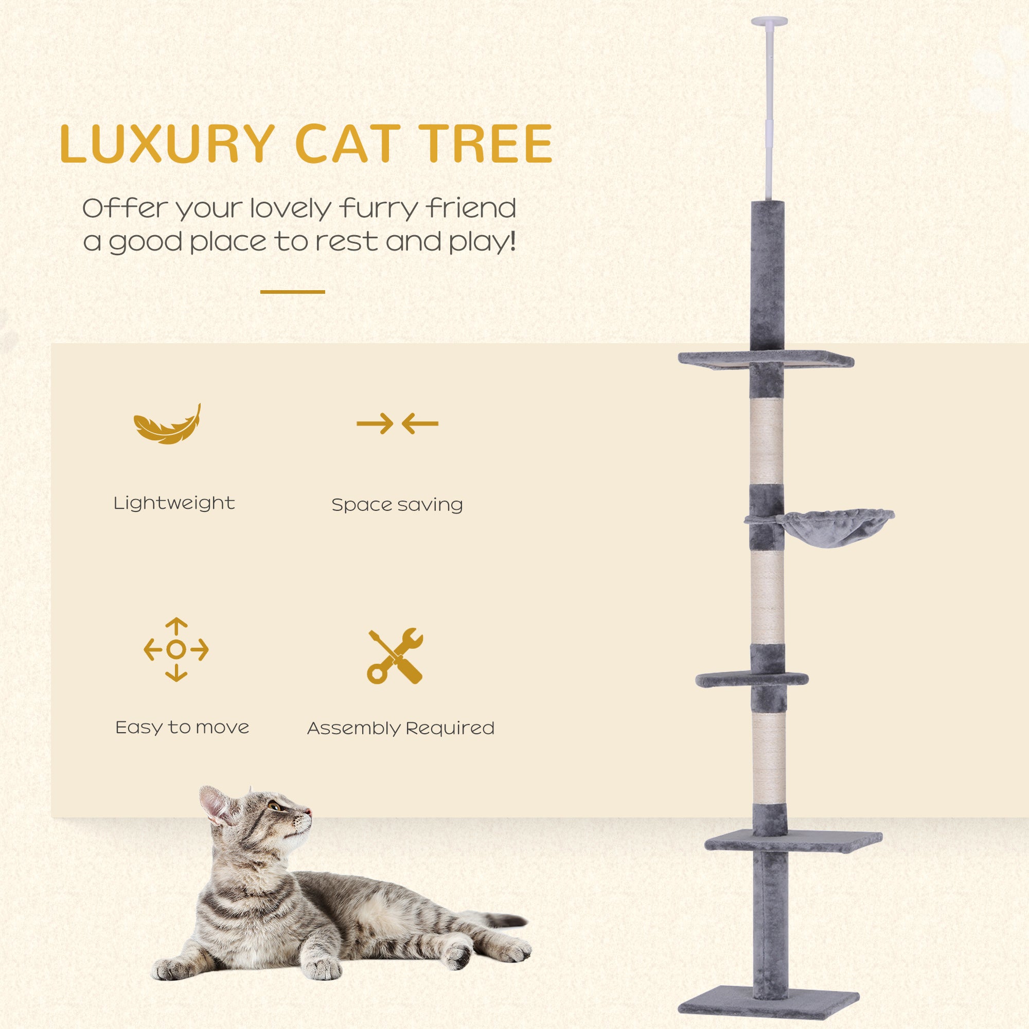 PawHut Floor to Ceiling Cat Tree for Indoor Cats 5-Tier Kitty Tower Climbing Activity Center Scratching Post Adjustable Height 230-260 cm Grey - North Peak Garden Furniture