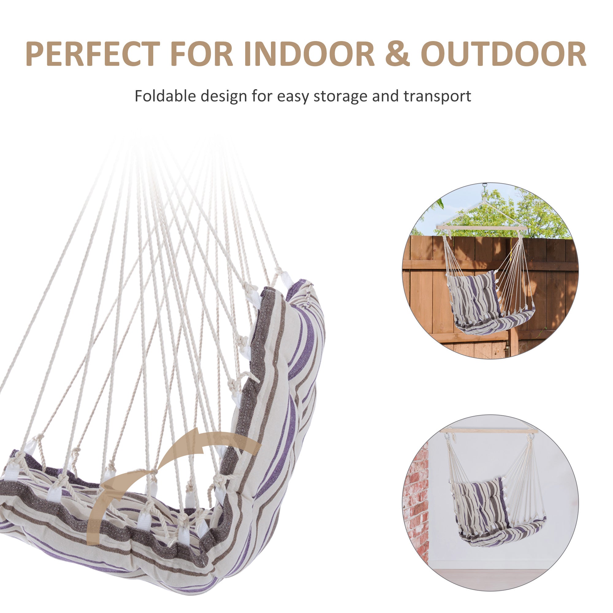 Outsunny Outdoor Hanging Rope Chair with Soft Padded Seat & Backrest, Garden Hammock Chair with Wooden Support Bar Cotton Cloth, Portable Garden Chair for Patio & Tree, Brown - North Peak Garden Furniture